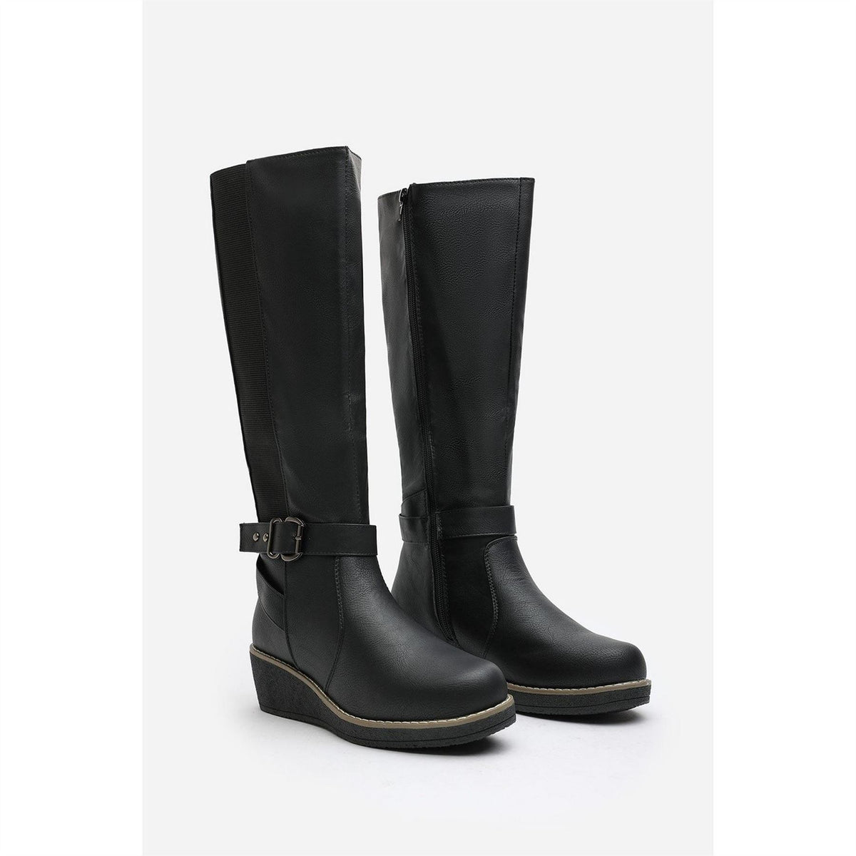 Wheres That From Knee High Wedge Boots With Strap And Buckle