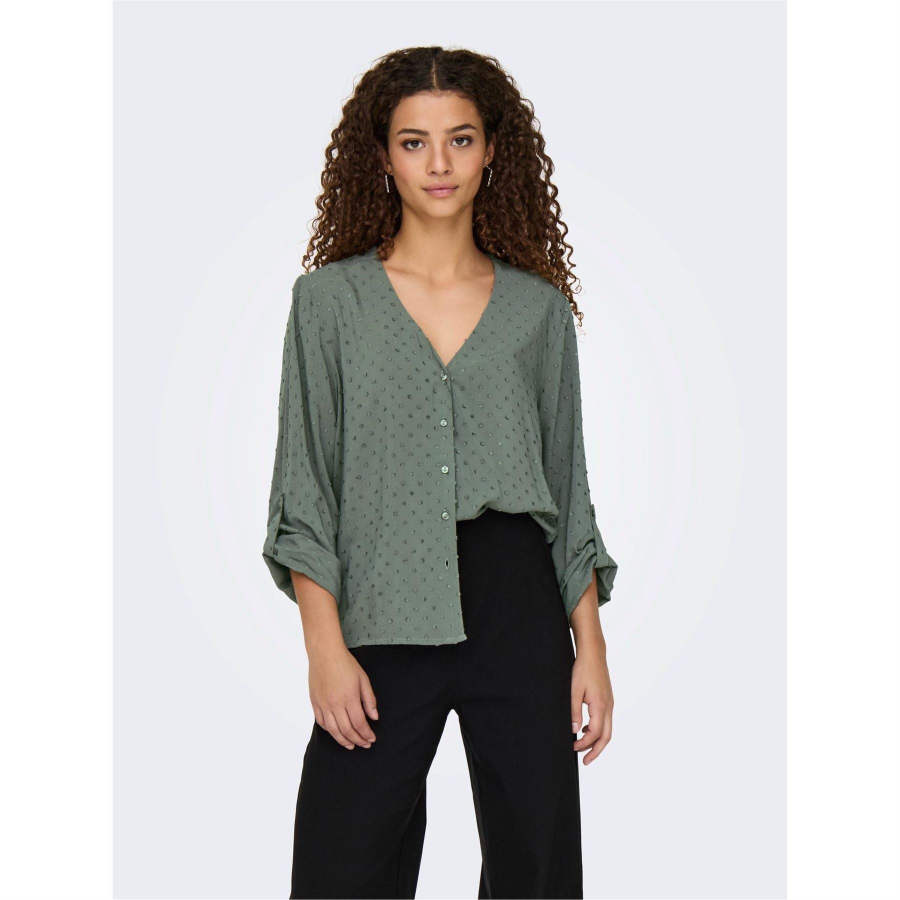 Only V-Neck Long Sleeve Button Tab Shirt