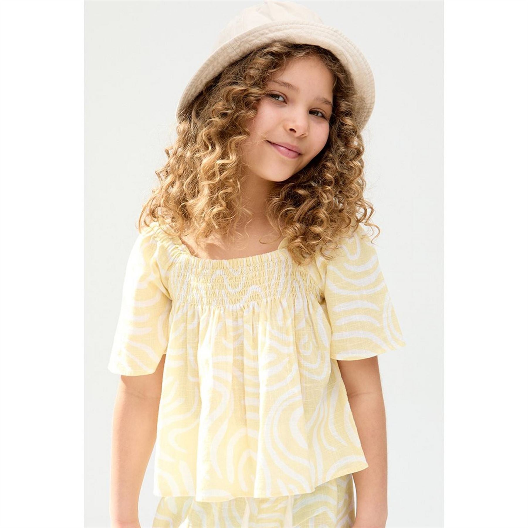 Raffya Kids Nia Shirred Neck Zebra Swirl Print Co Ords Set In Yellow