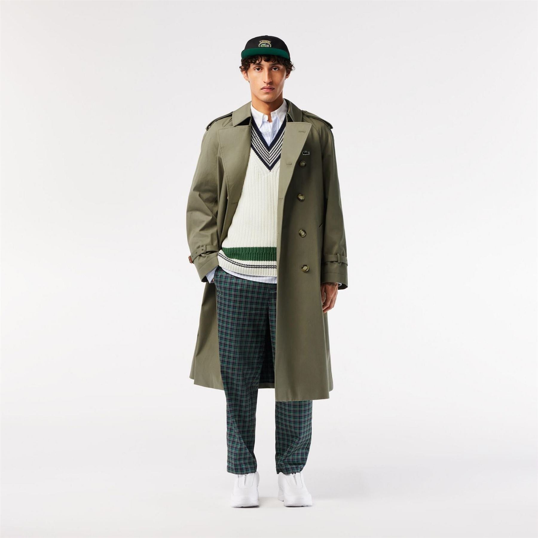 Lacoste Solid Patterned Trench Coat with Point Collar