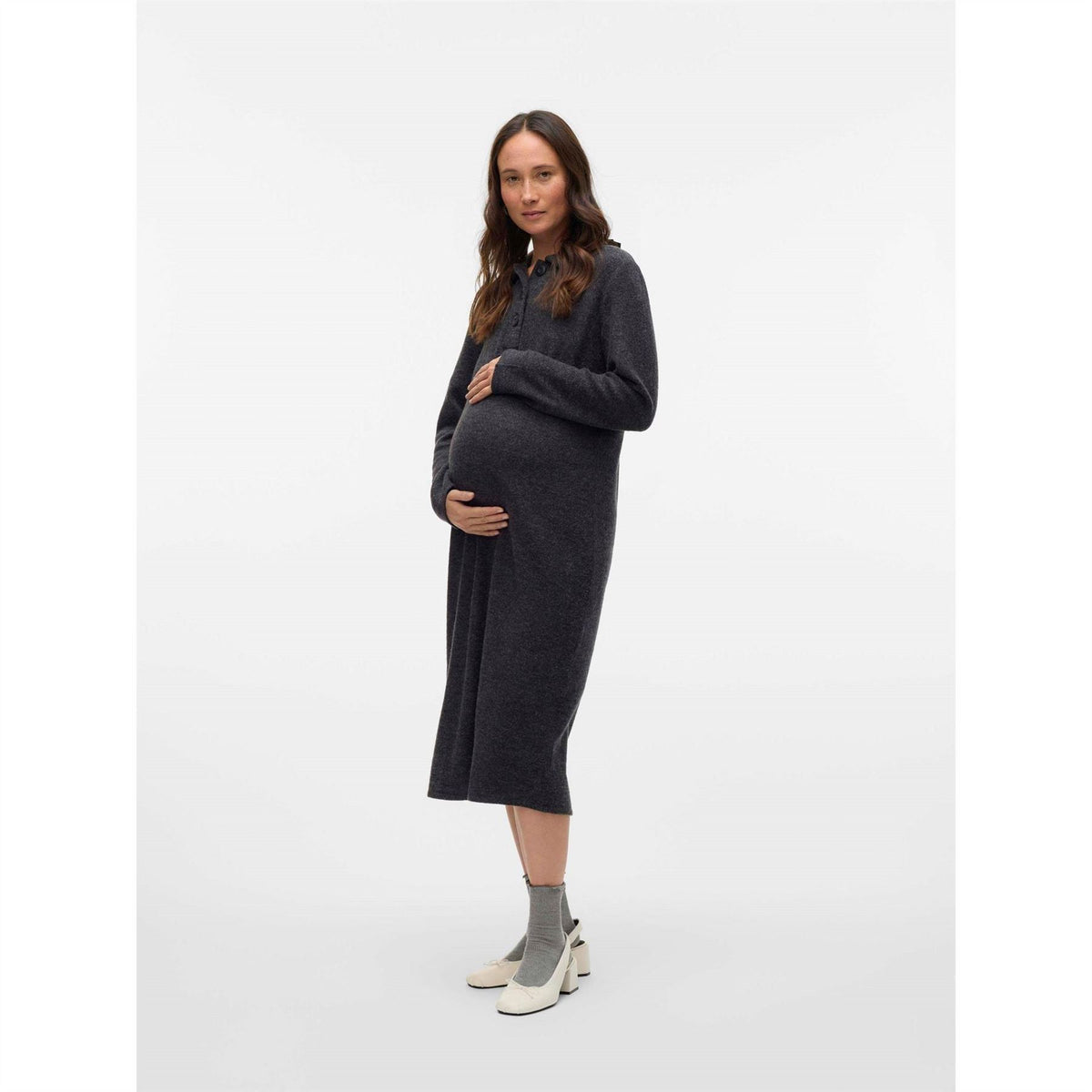 Mamalicious Vmmebba Collared Neck Long Sleeve Midi Dress