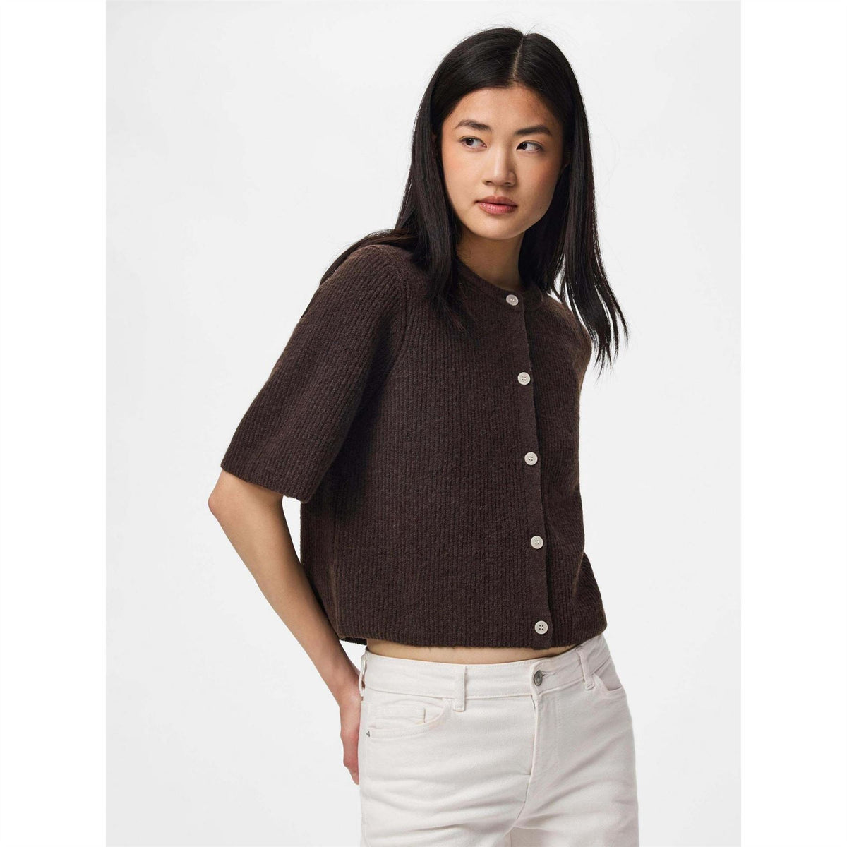 Pieces O-Neck Short Sleeve Button Placket Sweater