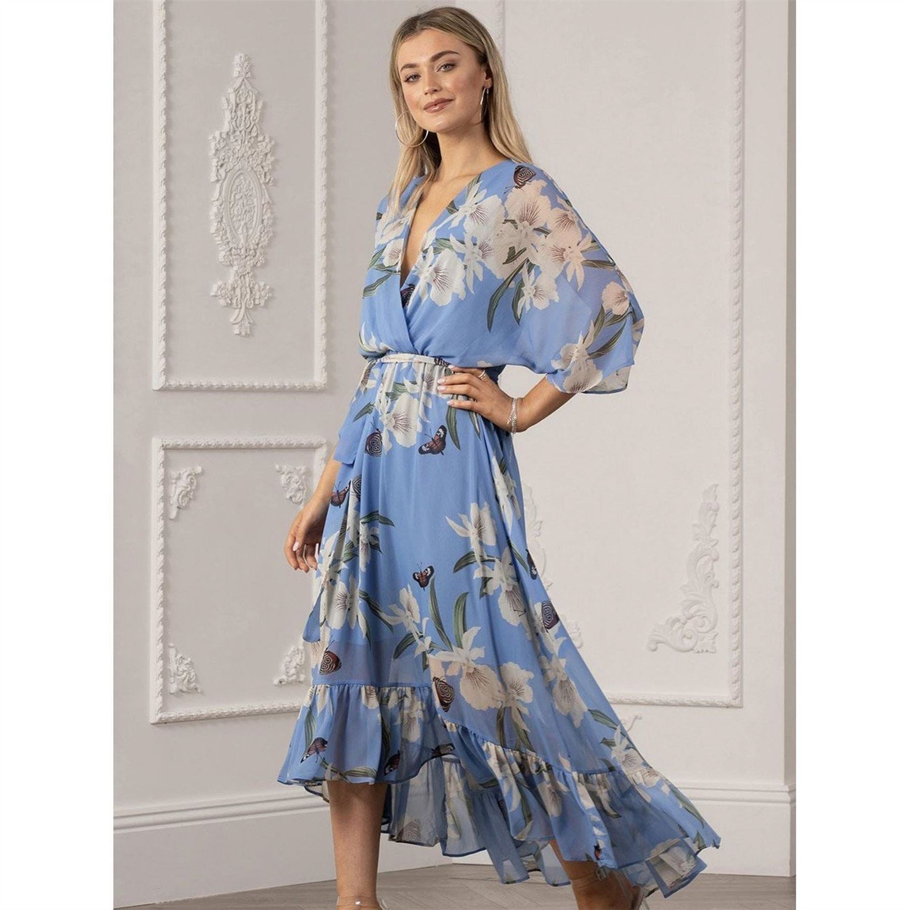 Yumi Light Blue Floral Wrap Dress