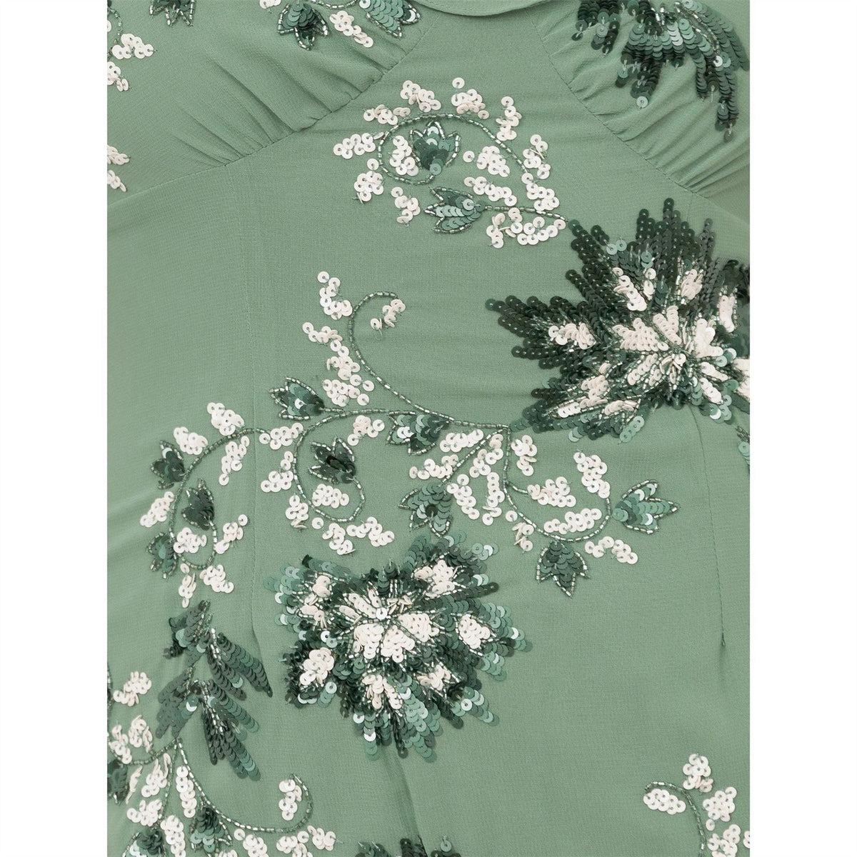 Maya Deluxe Dark Sage Green Embellished Ruffled Maxi Dress With Keyhole Back
