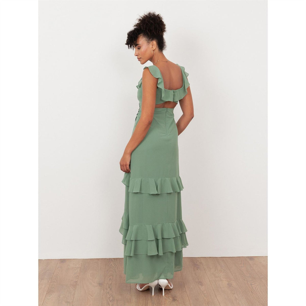 Maya Deluxe Dark Sage Green Embellished Ruffled Maxi Dress With Keyhole Back
