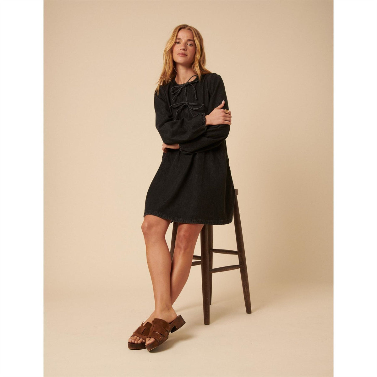 Nobodys Child Eden Denim Tie Neck Mini A-Line Dress