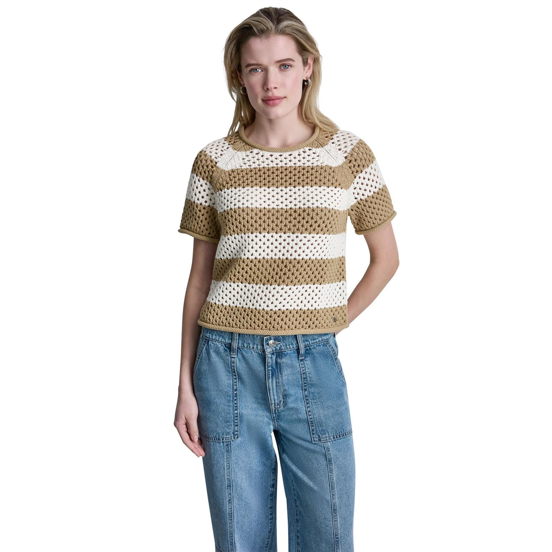 DKNY Short Sleeve Raglan Stripe Pointelle Sweater