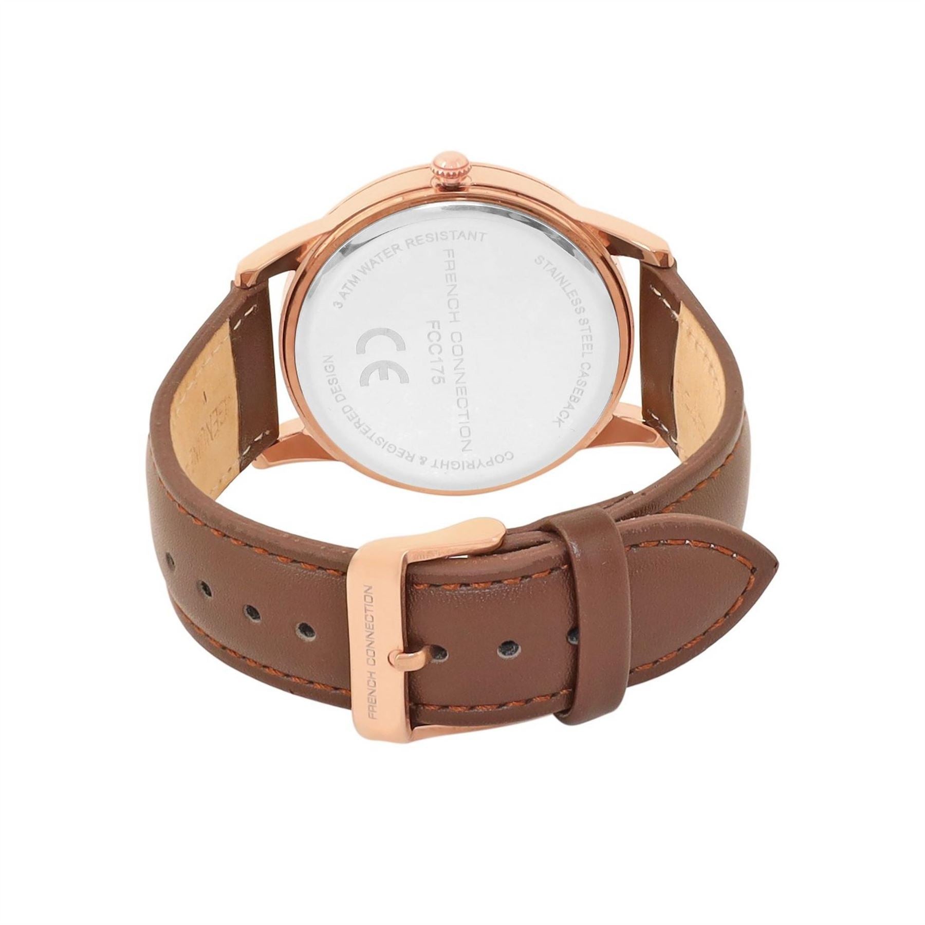 French Connection Connection Rose Case Round Shape Black Strap Quartz Watch