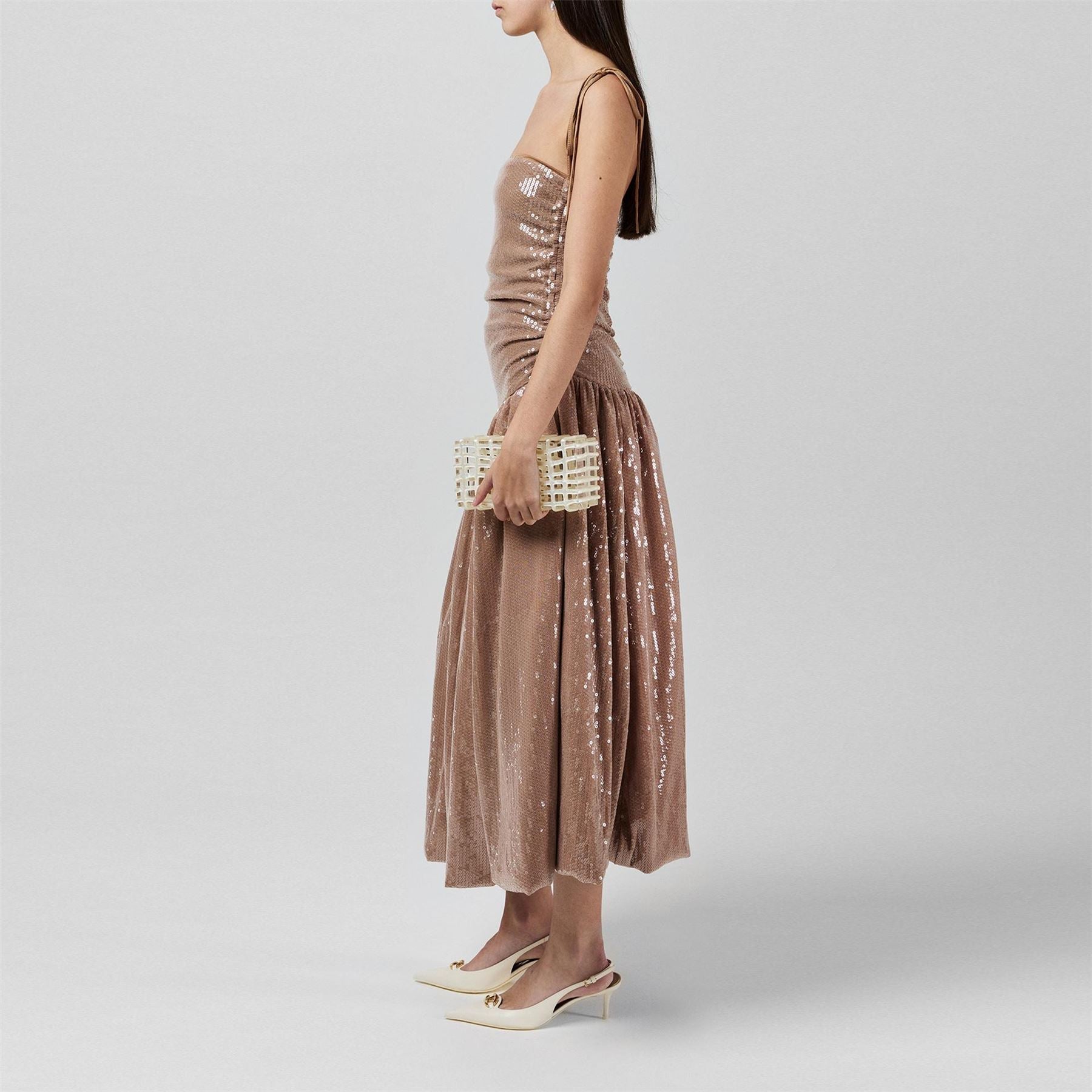 AmyLynn Sequin Square Neck Midi Peplum Dress