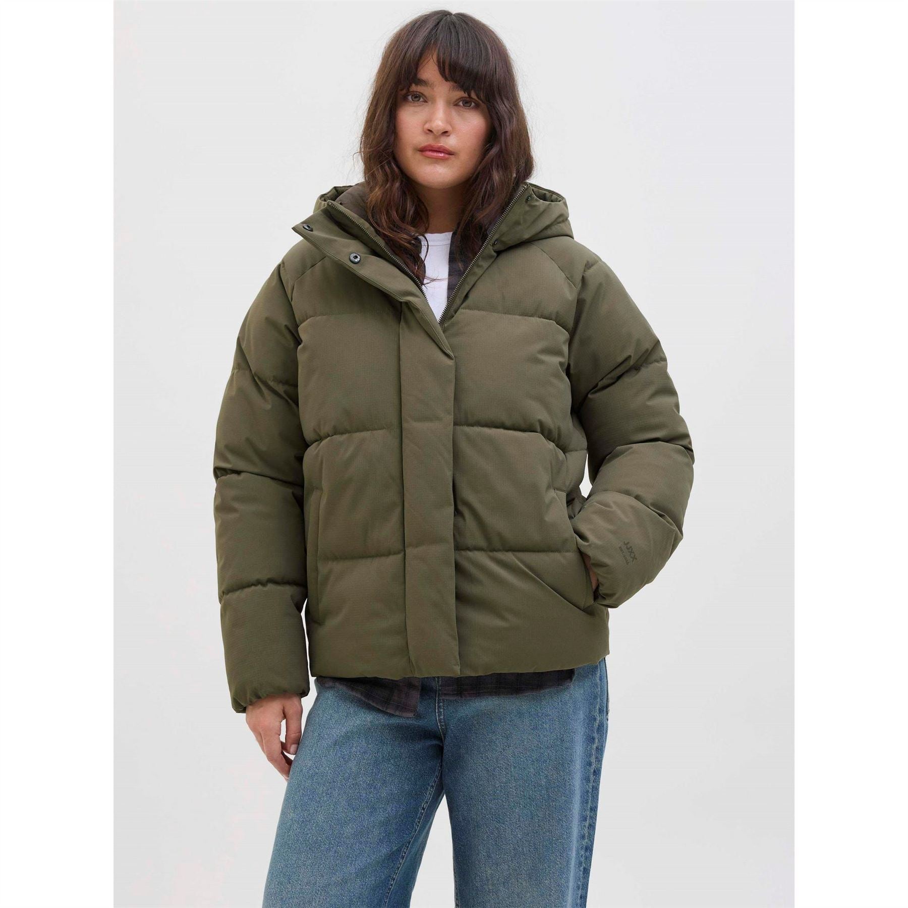 JJXX Womens Global Solid Patterned Hooded Snap Button Puffer Jacket