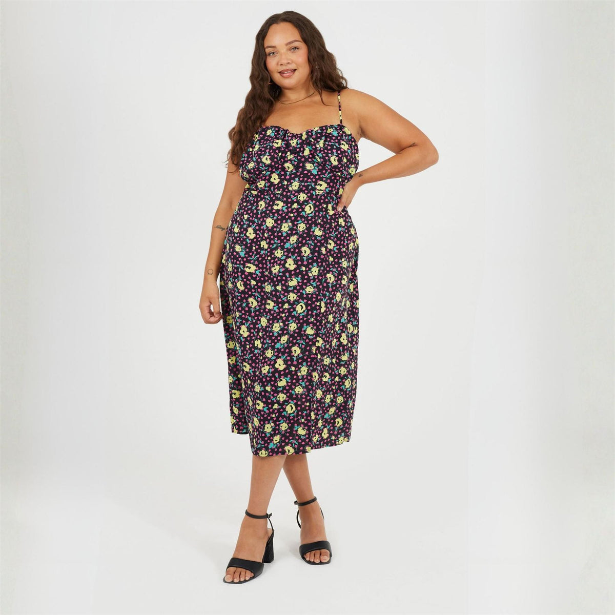 Brave Soul Plus Size Strappy Floral Midi Dress With Split Detail