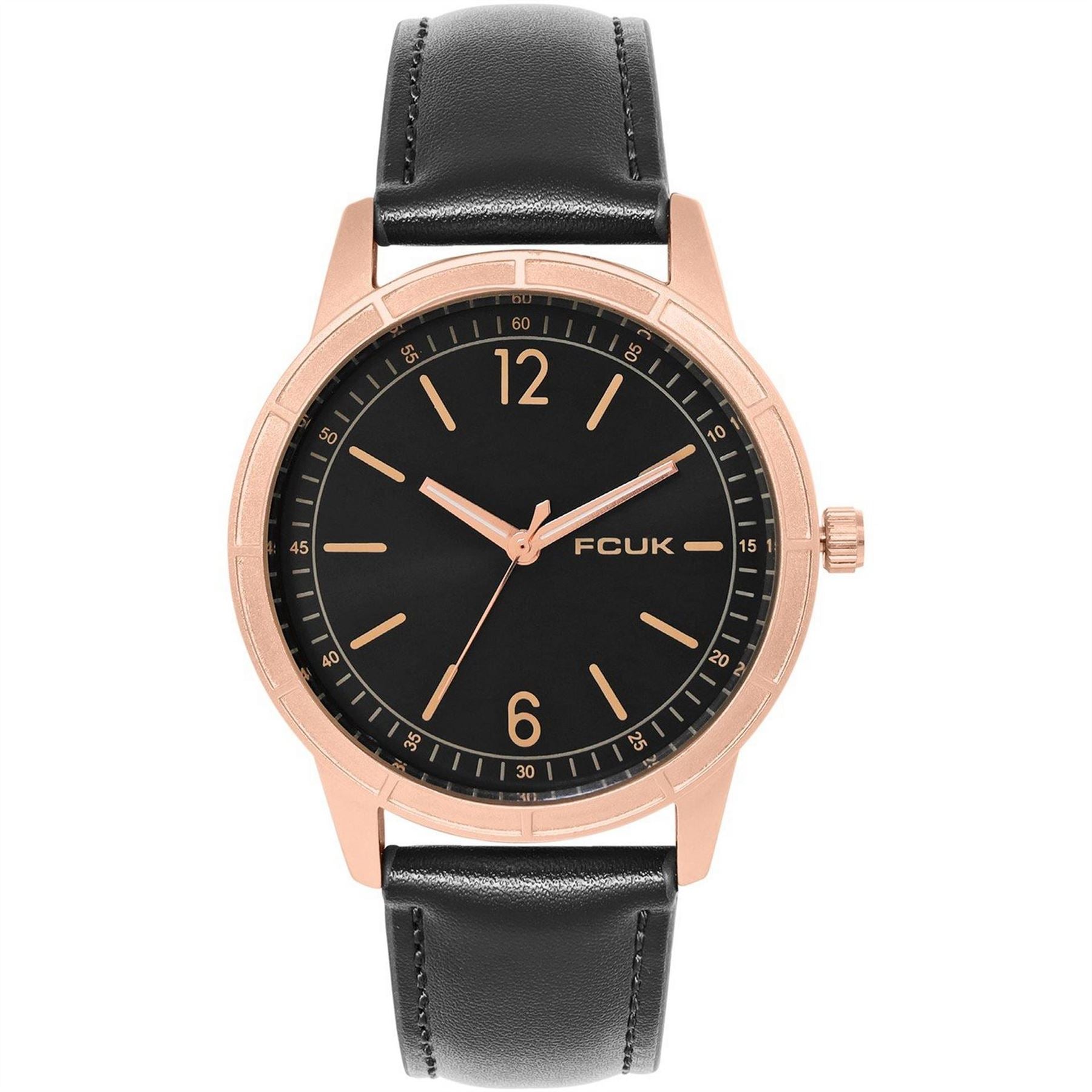 FCUK Rose Case Round Shape Black Strap Quartz Watch