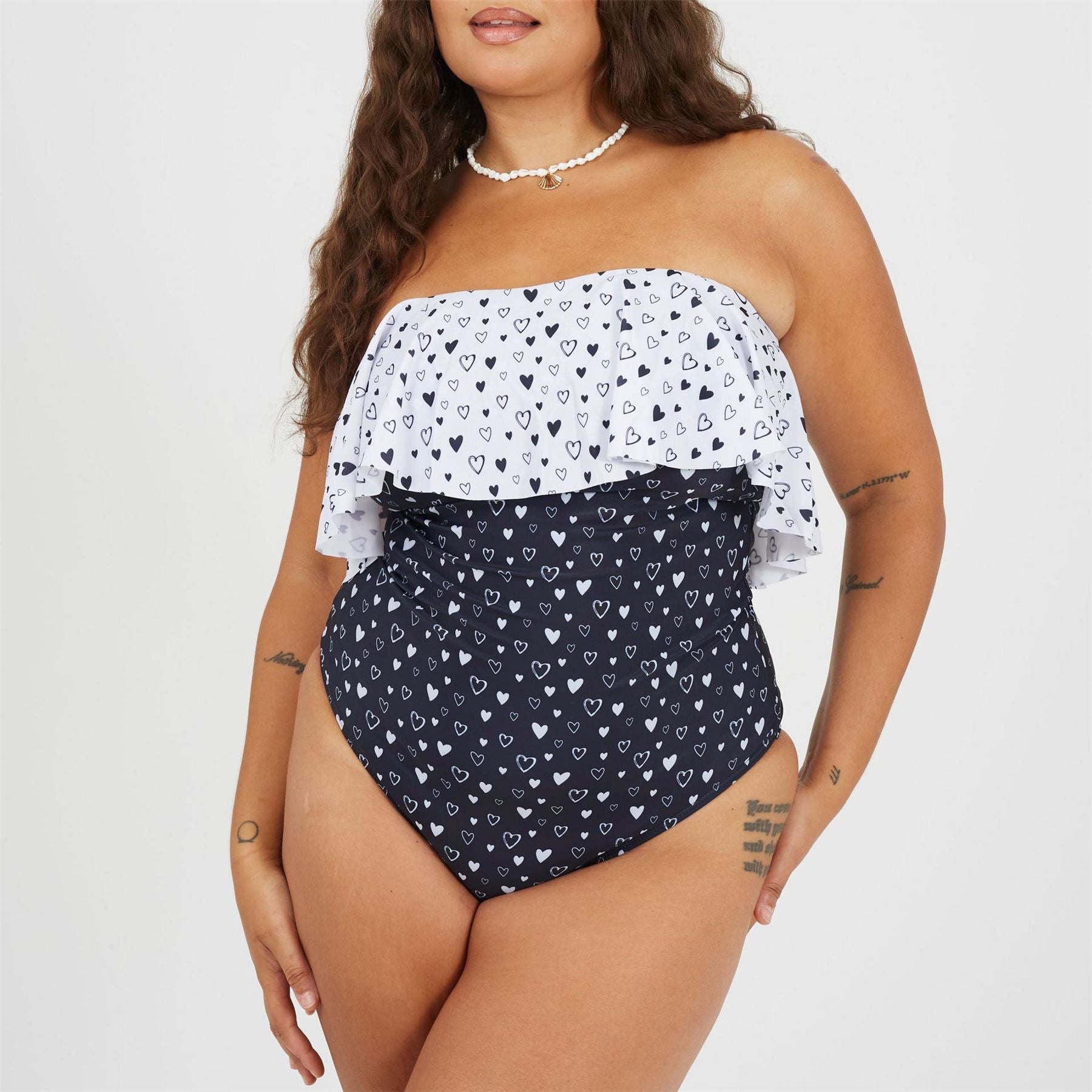Brave Soul Womens Plus Size One Piece Bardot Swimsuit With Frill Detail