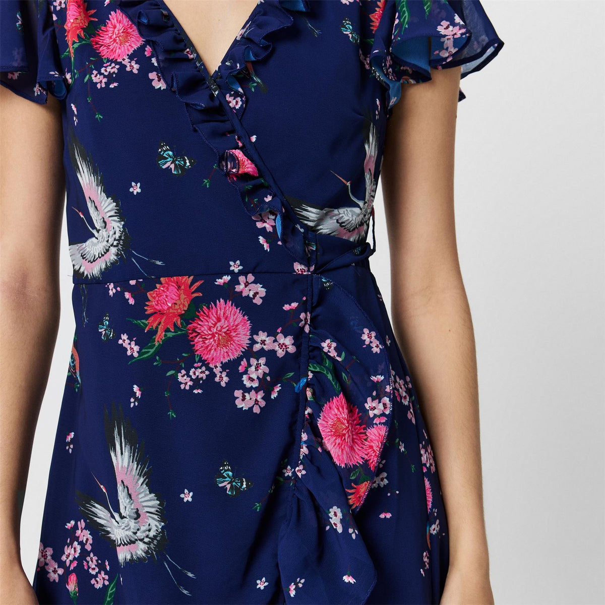 Yumi Crane Print V-Neck Midi Wrap Dress