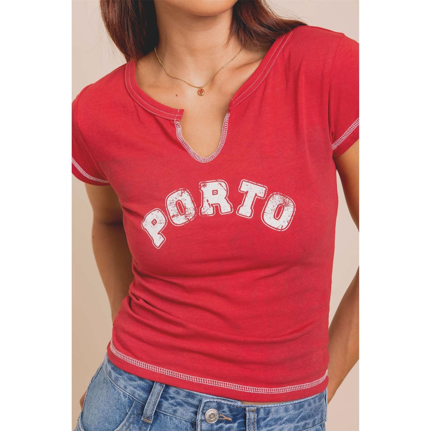 Daisy Street Cropped Notched Neck Lettering T-Shirt