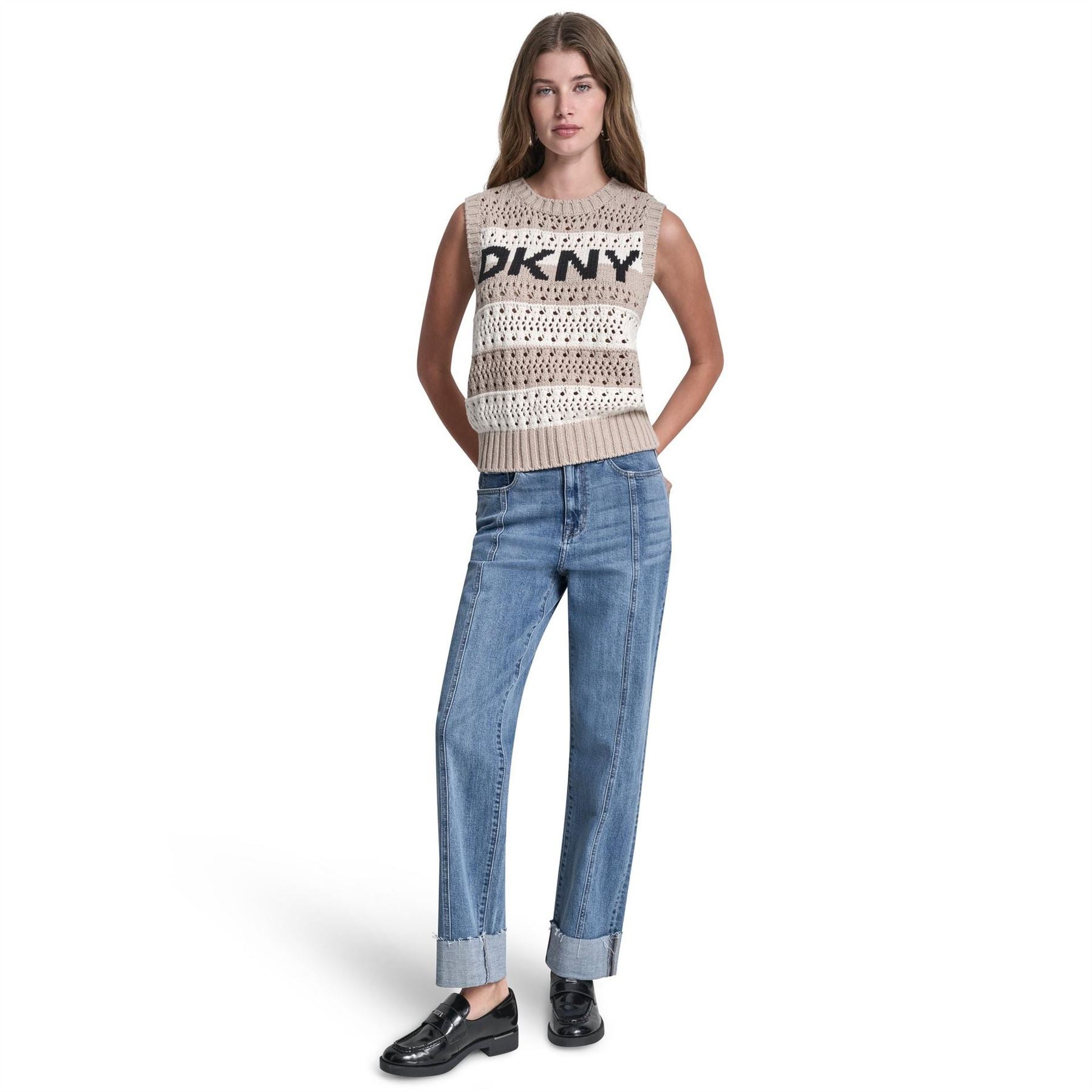 DKNY Jeans Striped Pointelle Stitch Sleeveless Sweater