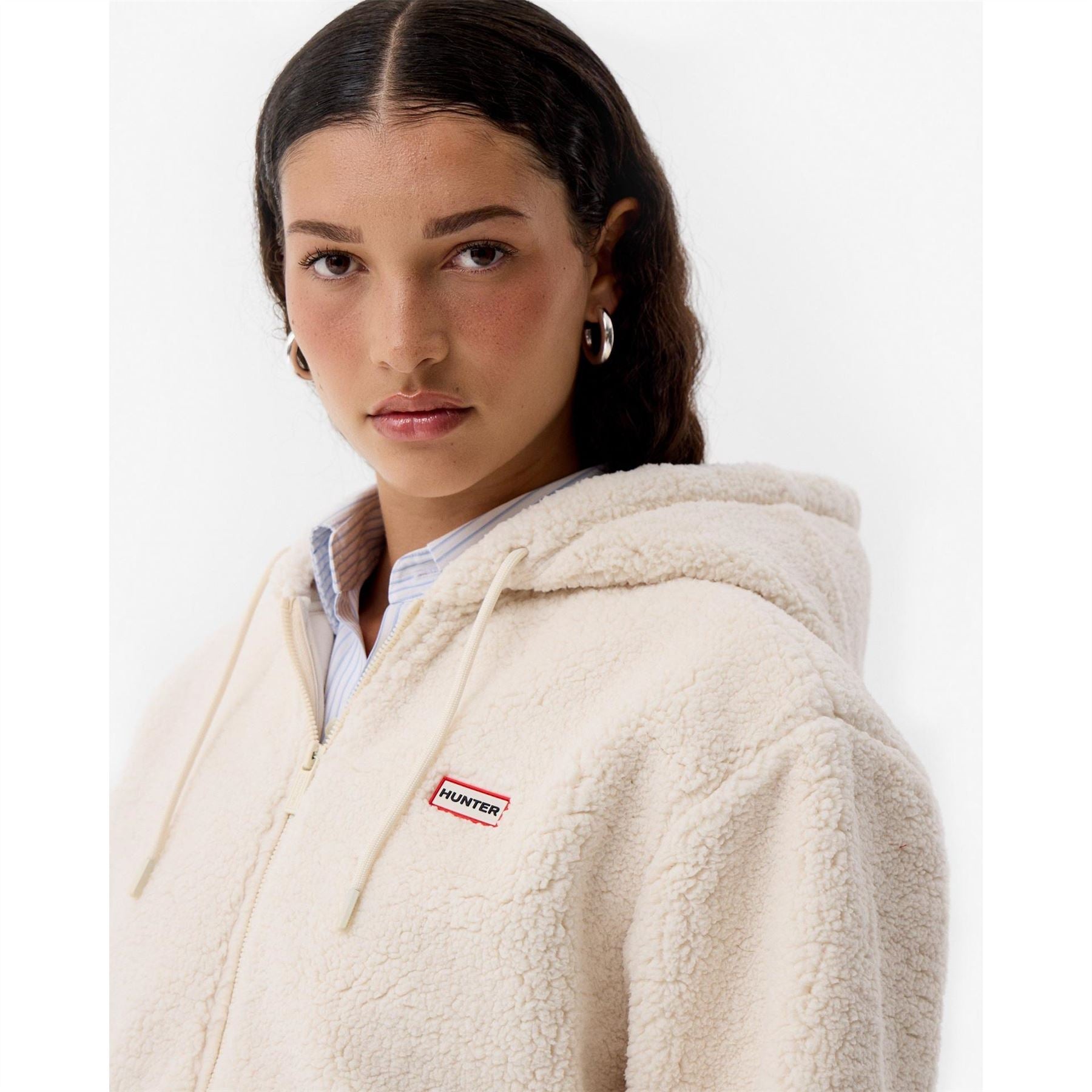 Hunter Borg Solid Patterned Hooded Full Zipper Sherpa Jacket