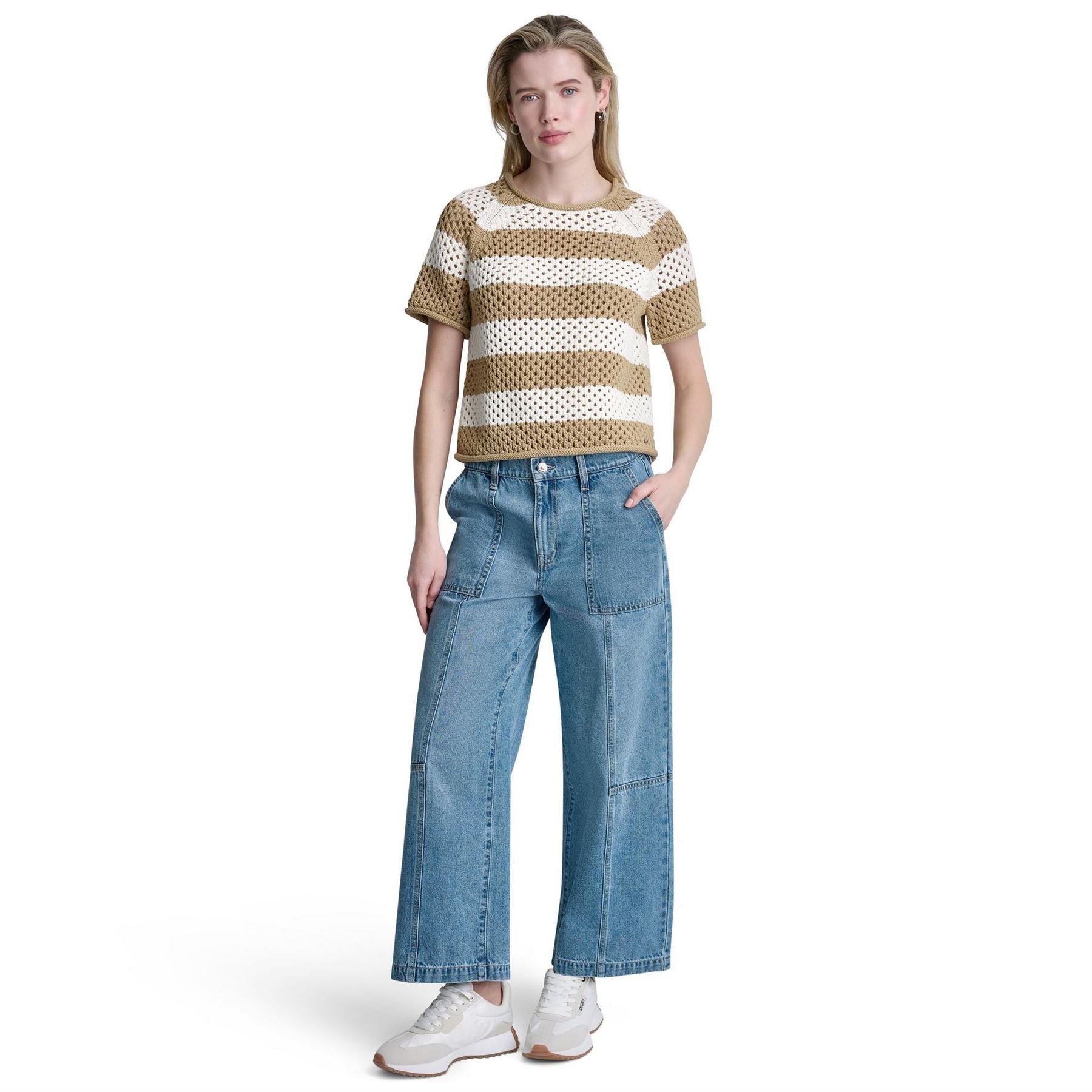 DKNY Short Sleeve Raglan Stripe Pointelle Sweater