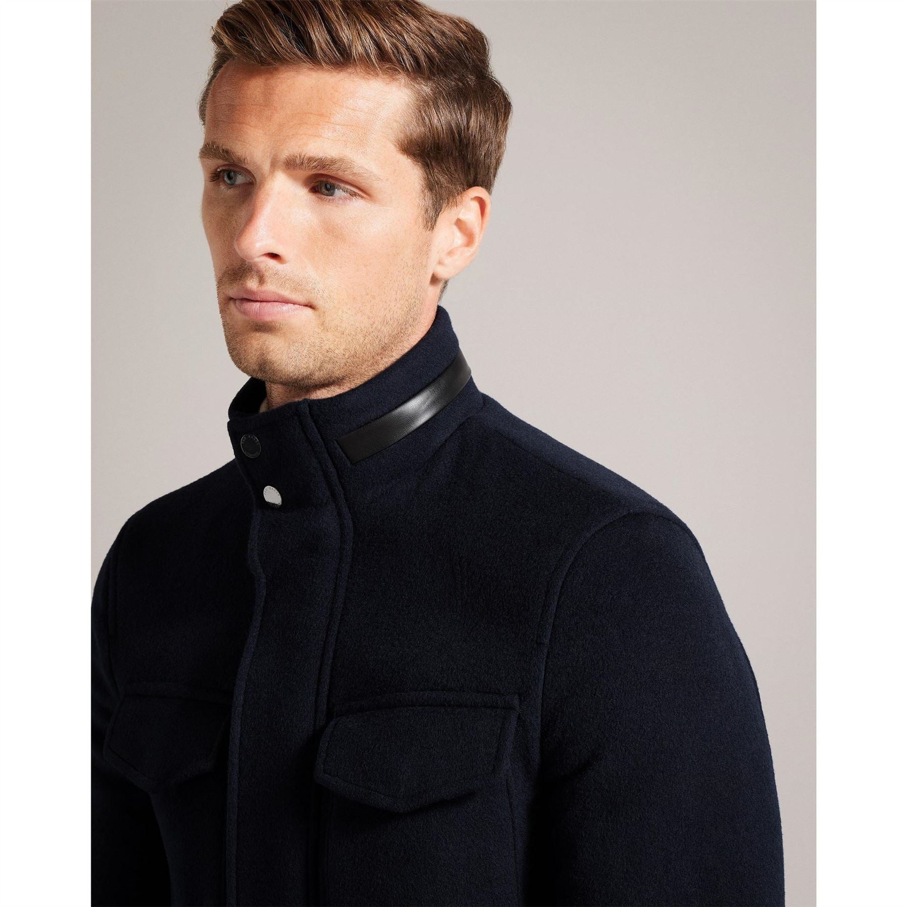 Ted Baker Solid Patterned Snap Button Flap Pocket Field Jacket