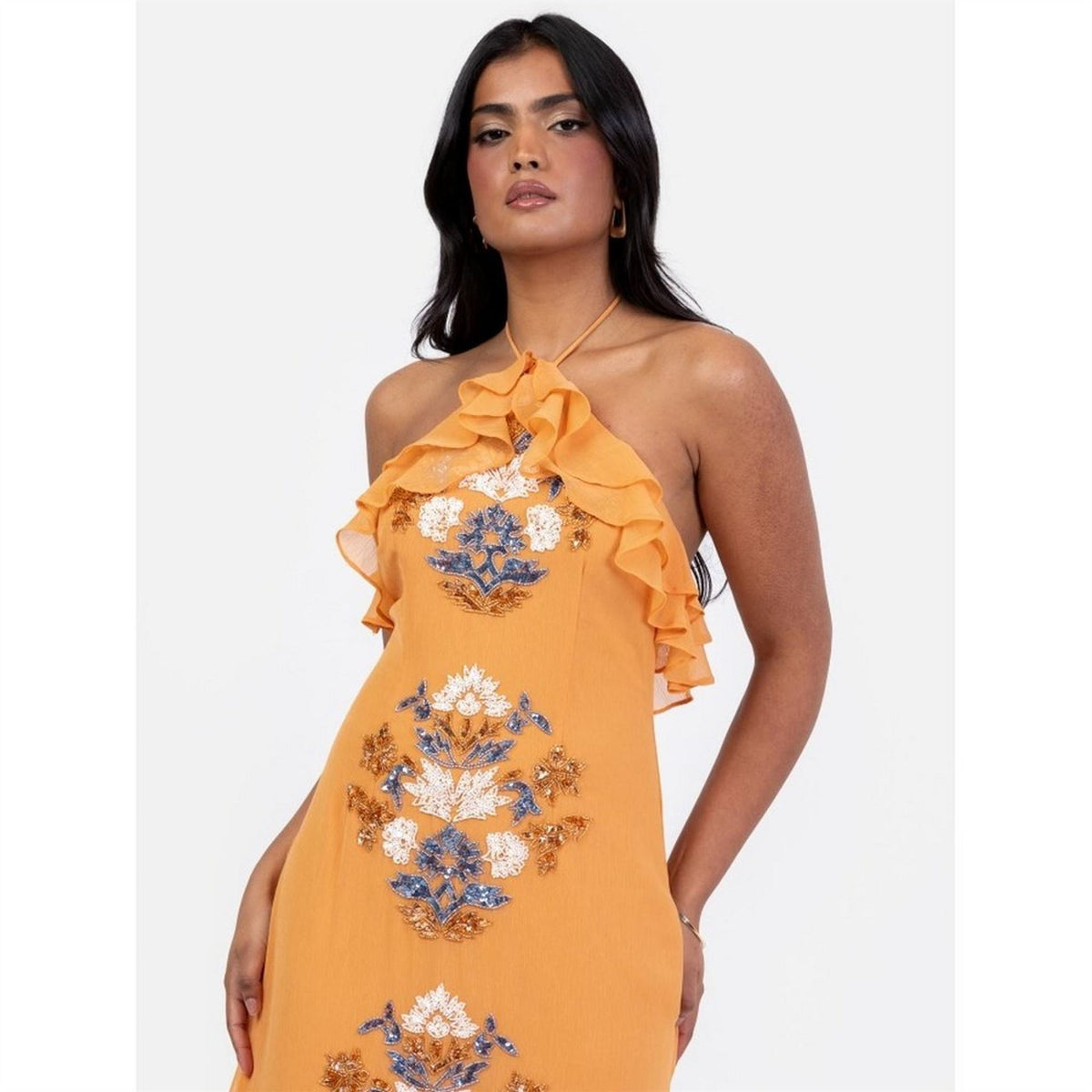 Maya Deluxe Orange Embellished Halter Neck Ruffled Maxi Dress