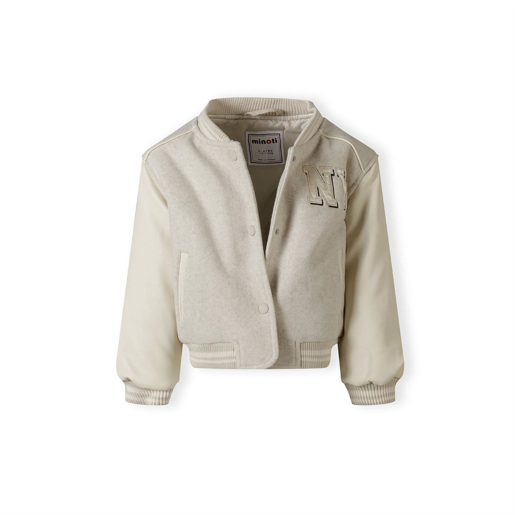 Minoti Girls Baseball Style Jacket With Ny Patch And Faux Leather Sleeves Beige