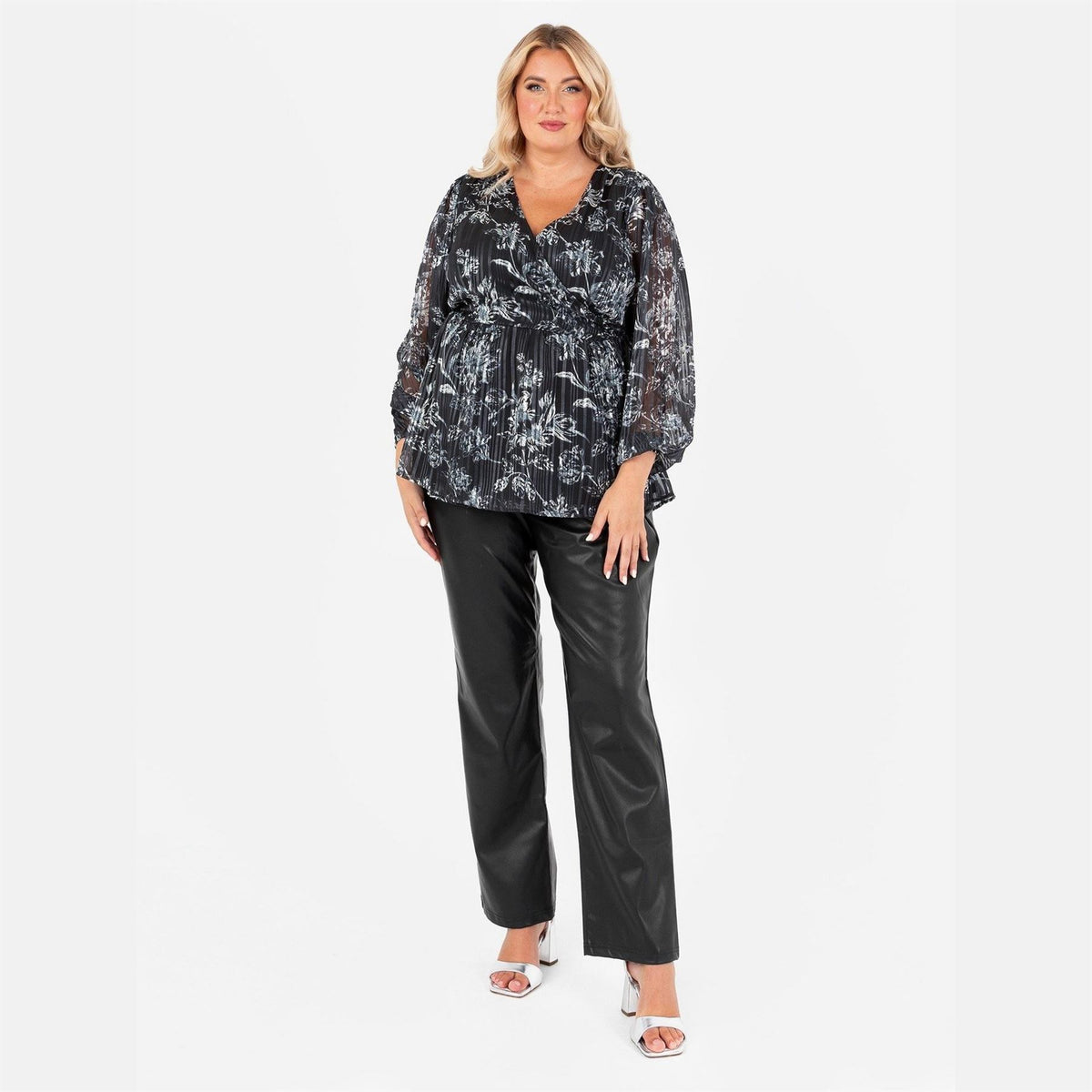 Lovedrobe Monochrome Floral Maxi Sleeve Wrap Top