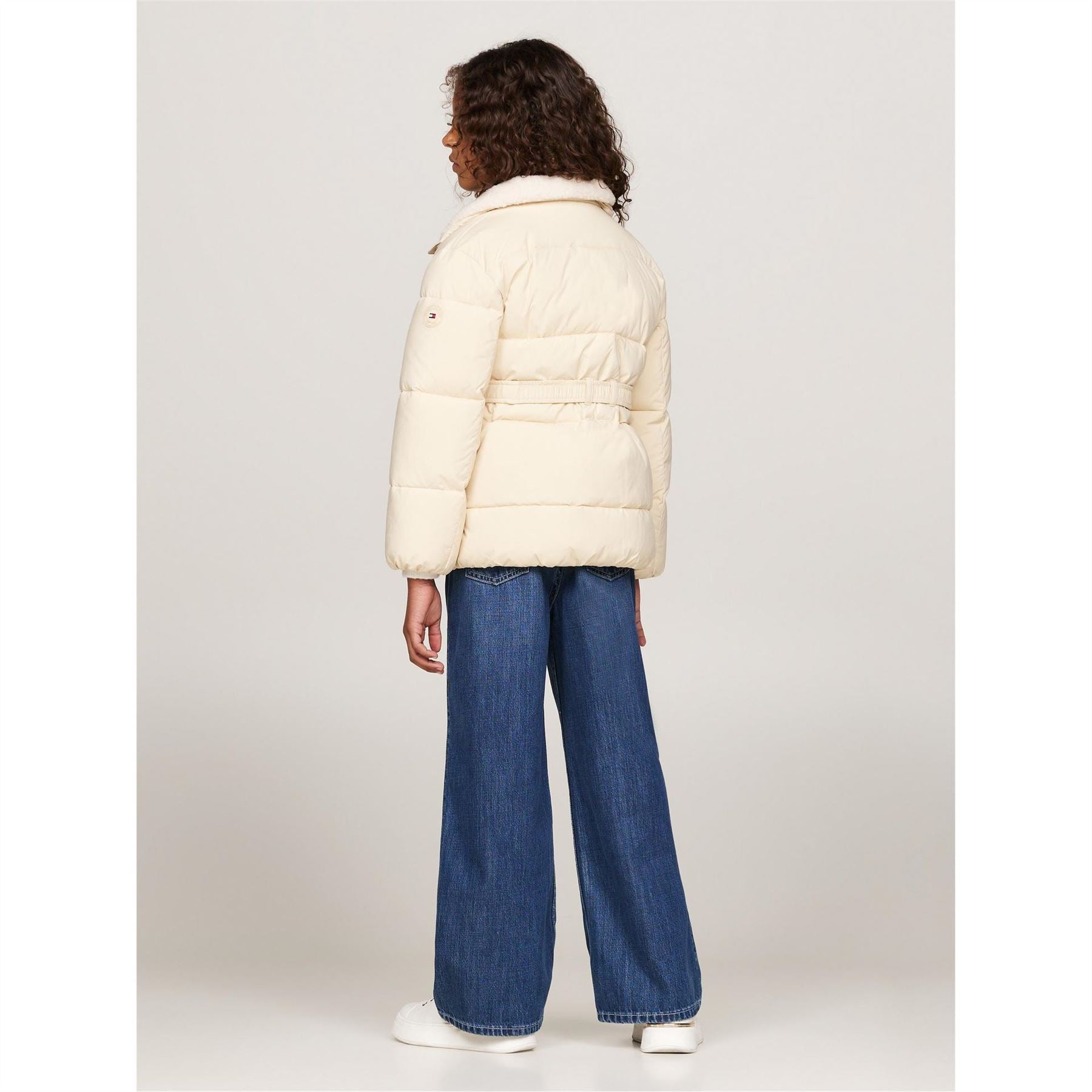 Tommy Hilfiger Teddy Collar Belted Wind Resistant Long Sleeve Oversized Fit Short Puffer Jacket