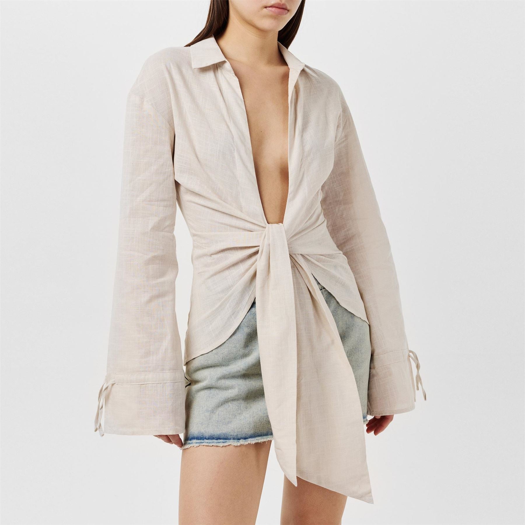 Missy Empire Beige Linen Tie FronT-Shirt