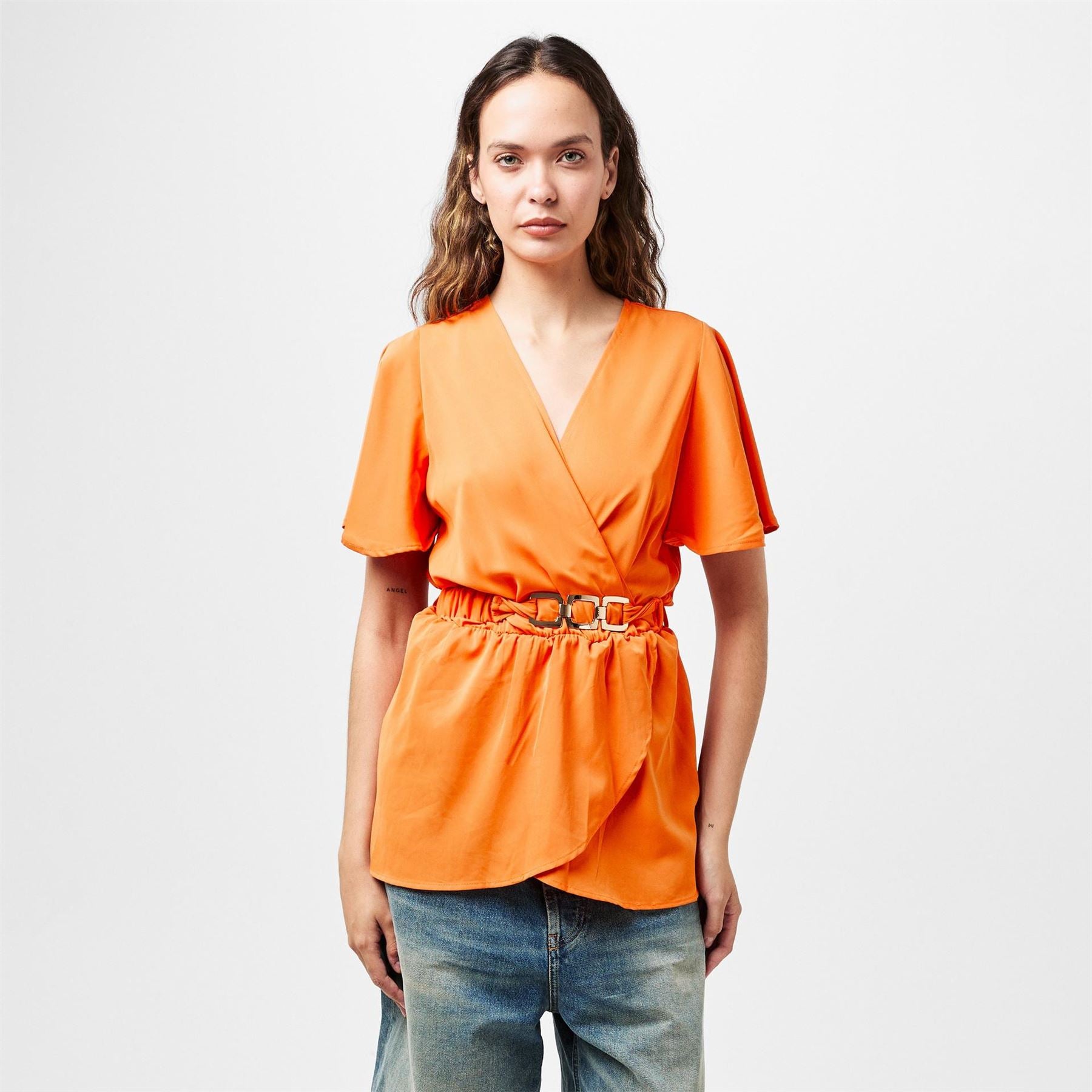 AX Paris Short Sleeve Wrap Belted Top