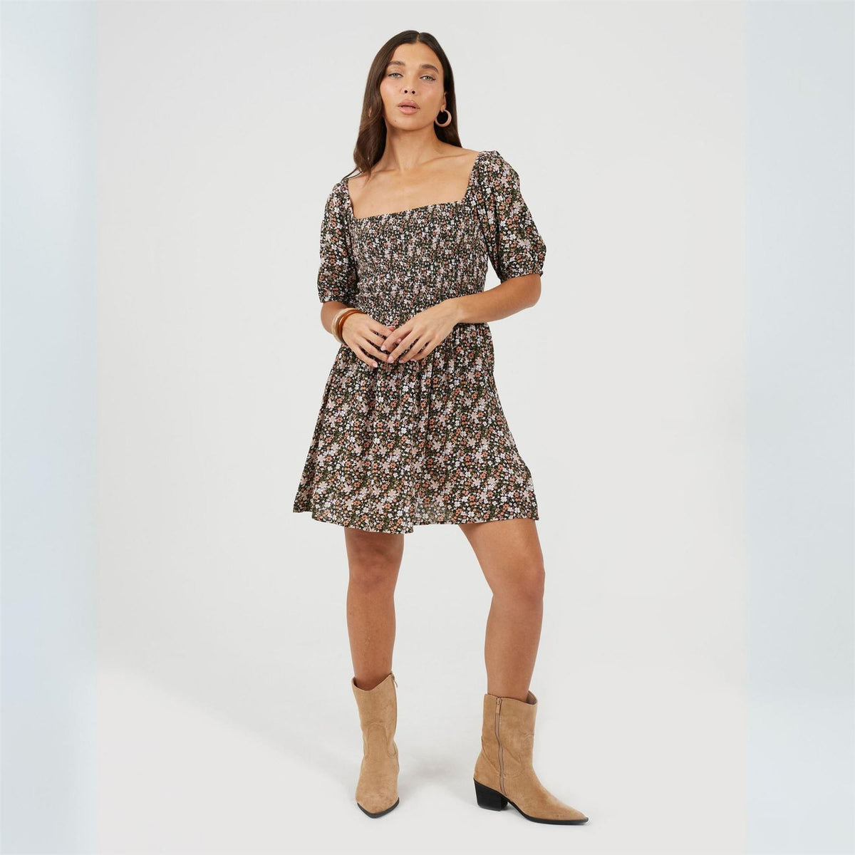 Brave Soul Puff Sleeve Floral Print Mini Dress