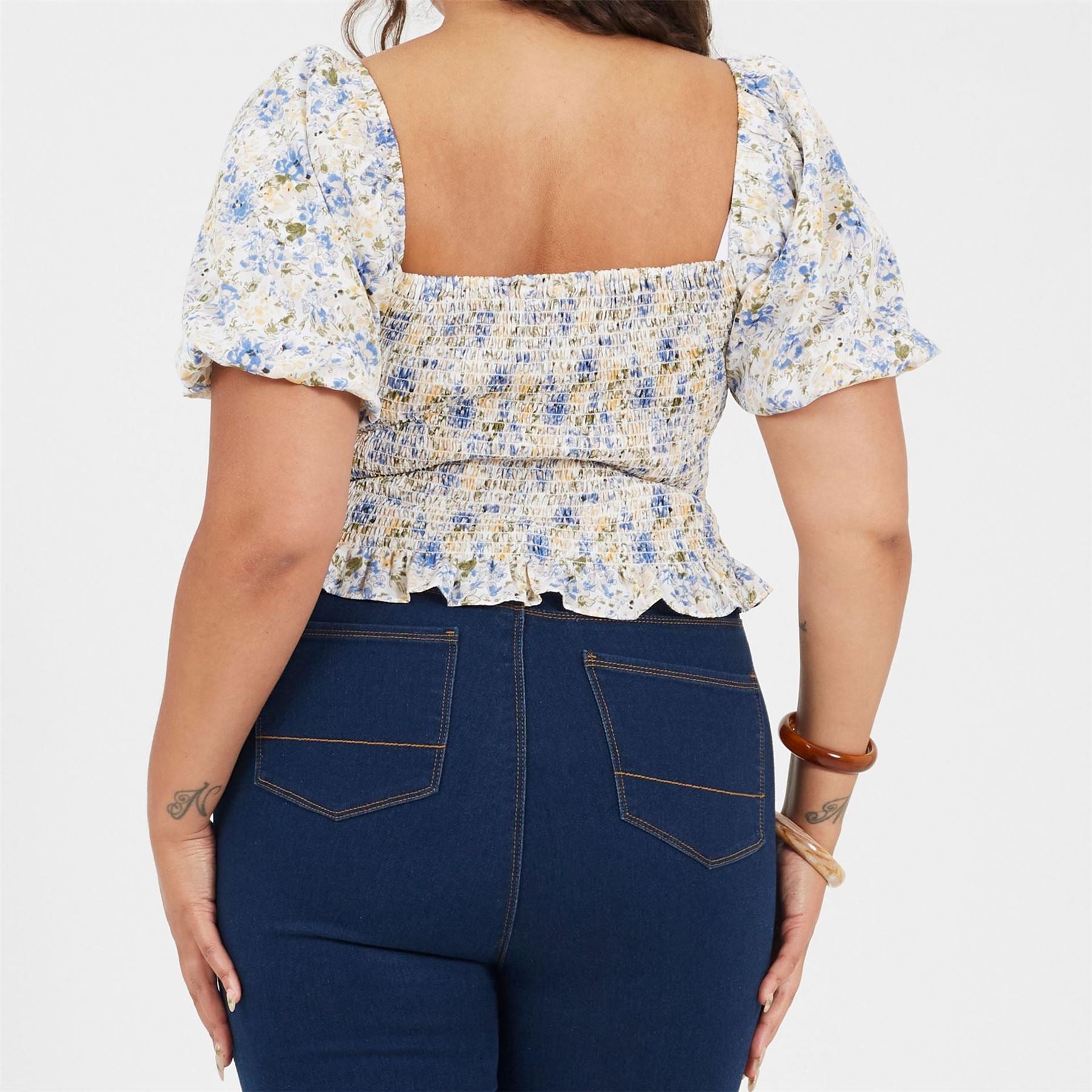 Brave Soul Womens Plus Size Puff Sleeve Top With Ruched And Tie Details.