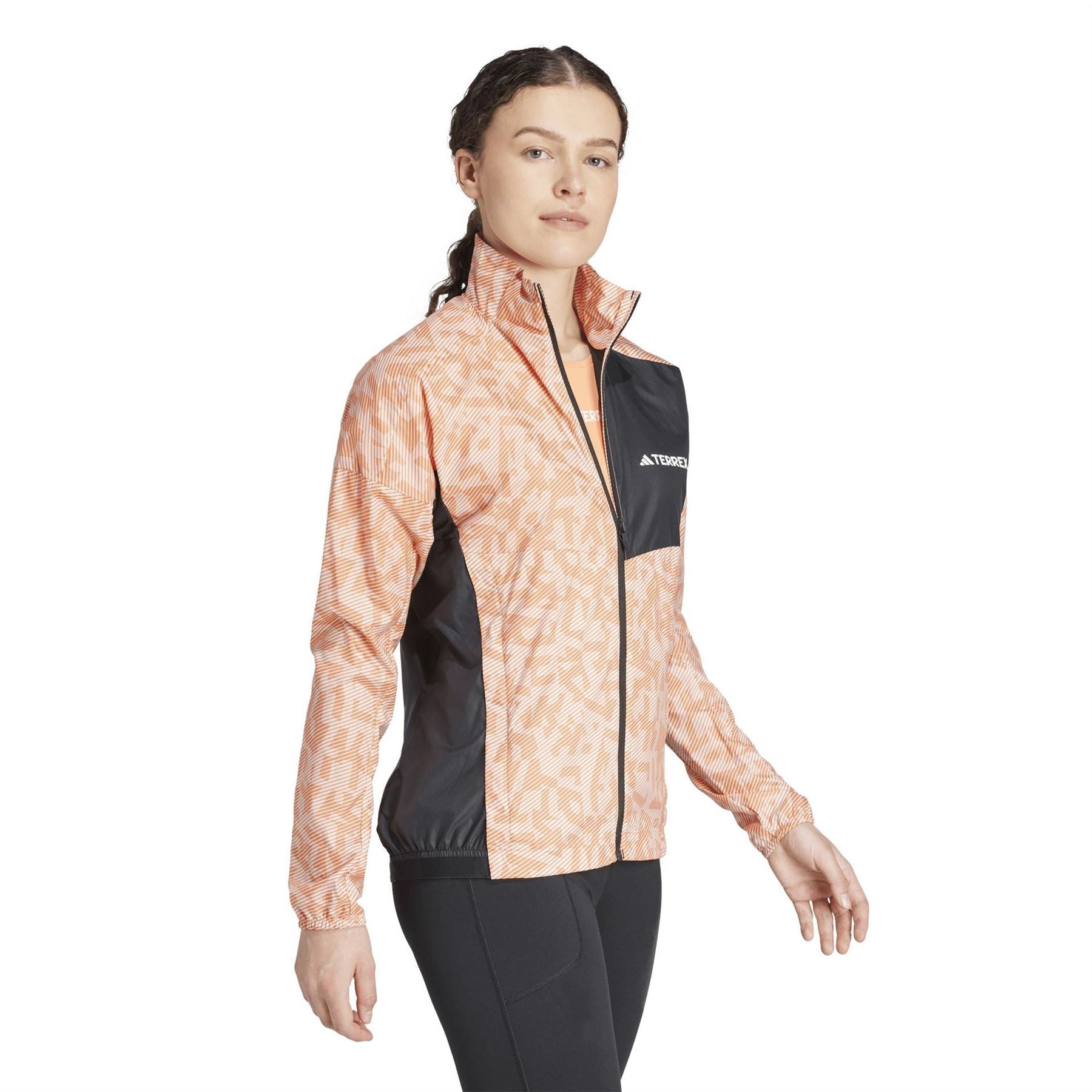 adidas Trail Geometric Patterned Running Jacket with Front Zipper Pocket