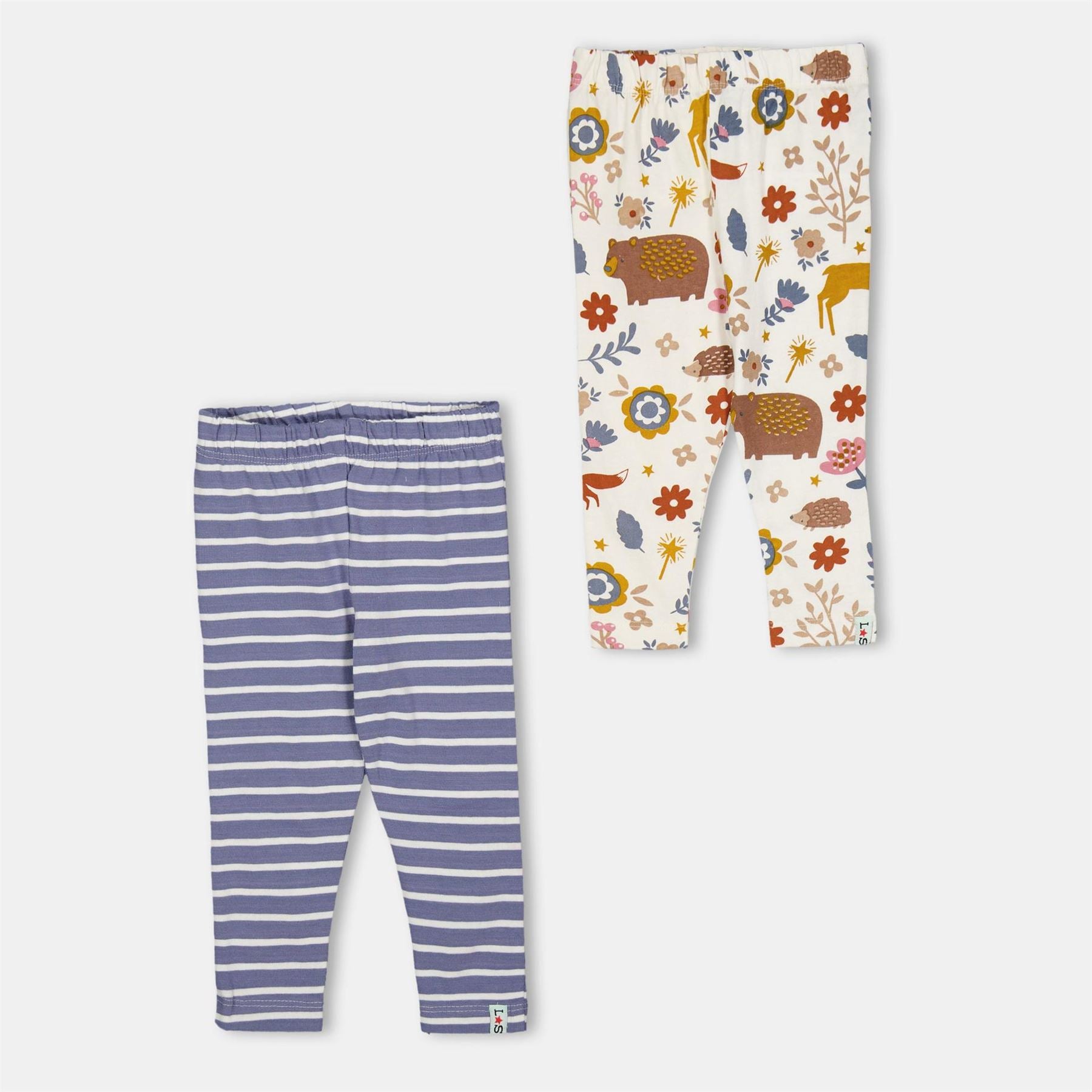 Lilly and Sid  And  Sid Multicoloured Animal Forest And Stripe Print Leggings   2 Pack