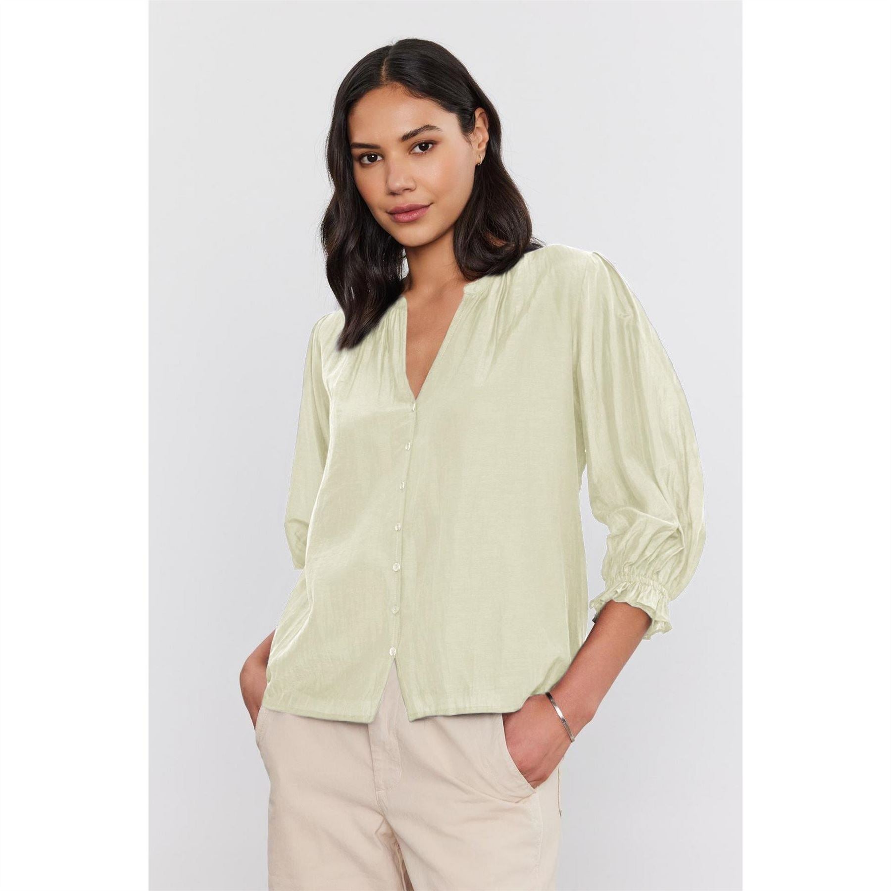 Velvet by Graham and Spencer Regular Fit V-Neck Bishop Sleeve Blouse