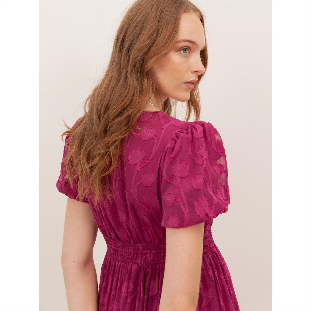 Lovedrobe Fuchsia Short Sleeve Floral Burnout Midi Dress