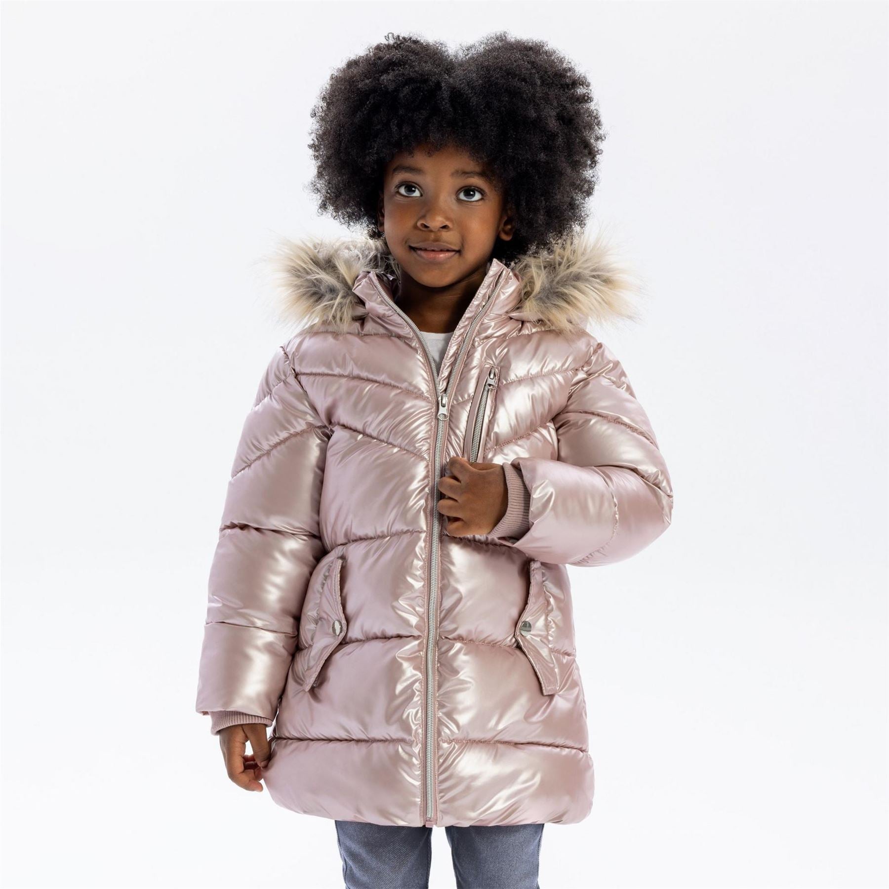 Minoti Girls Winter Coat Detachable Faux Fur Pink