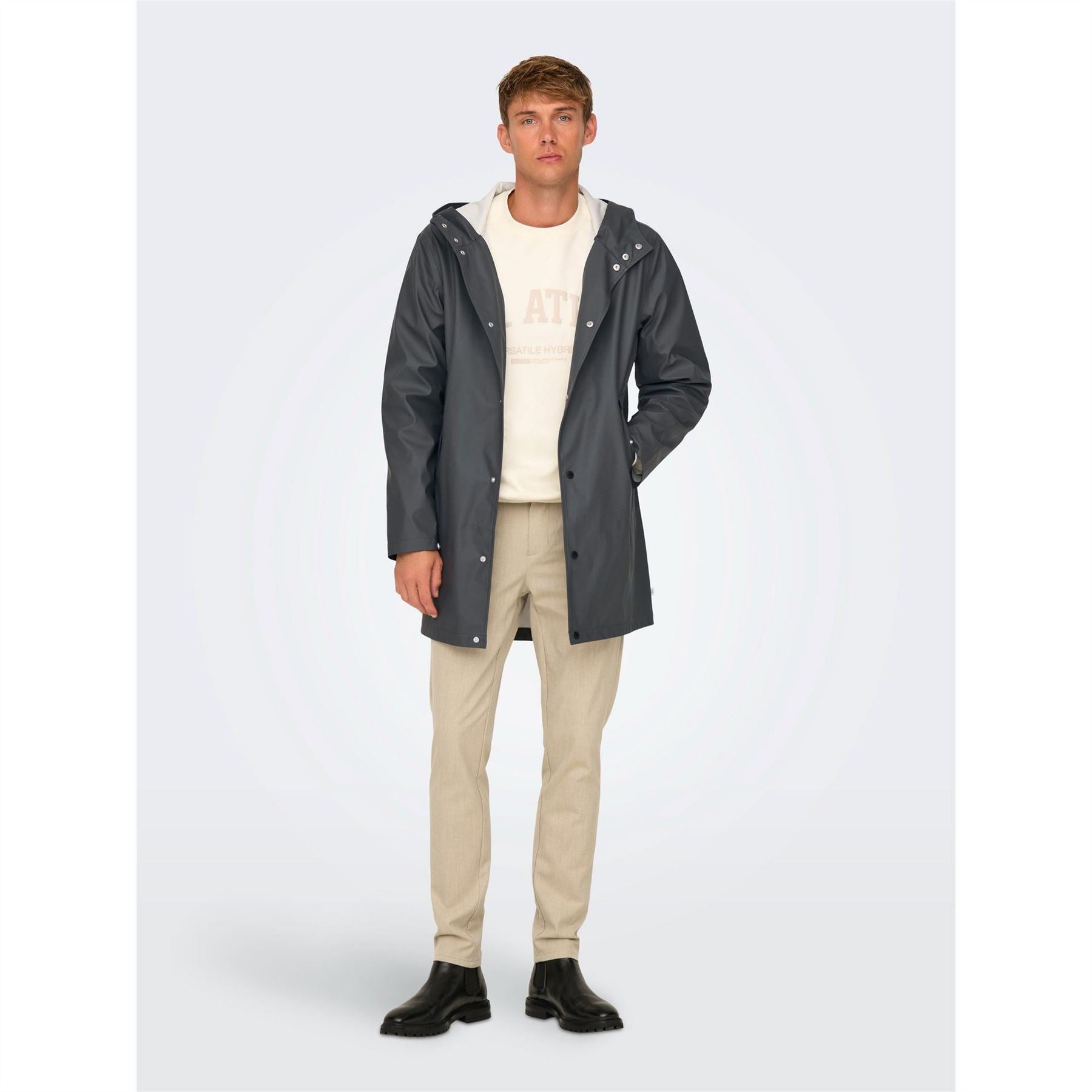Only Solid Patterned Hooded Snap Button Rain Coat