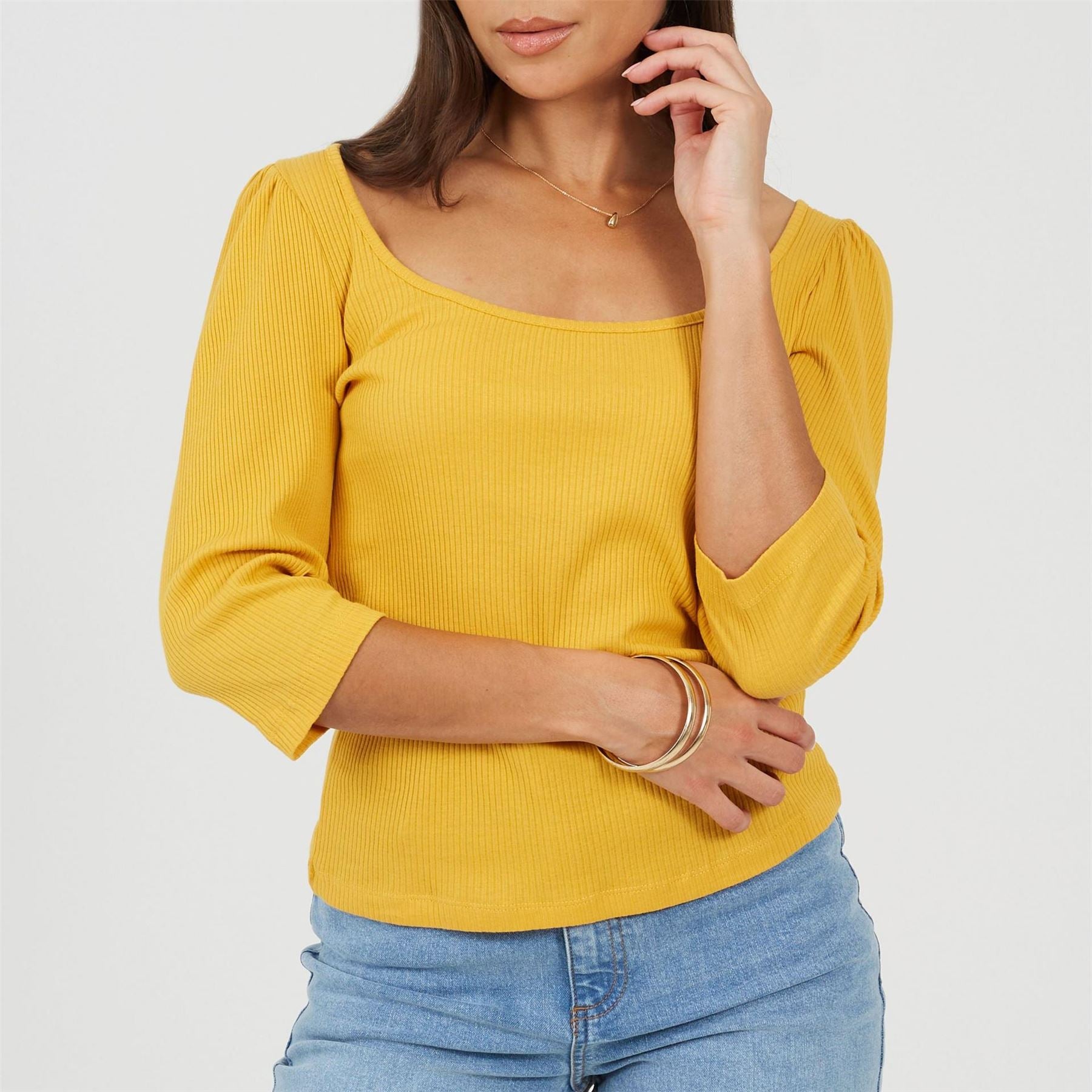 Brave Soul Square Neck Puff Sleeve Three Quarter T-Shirt