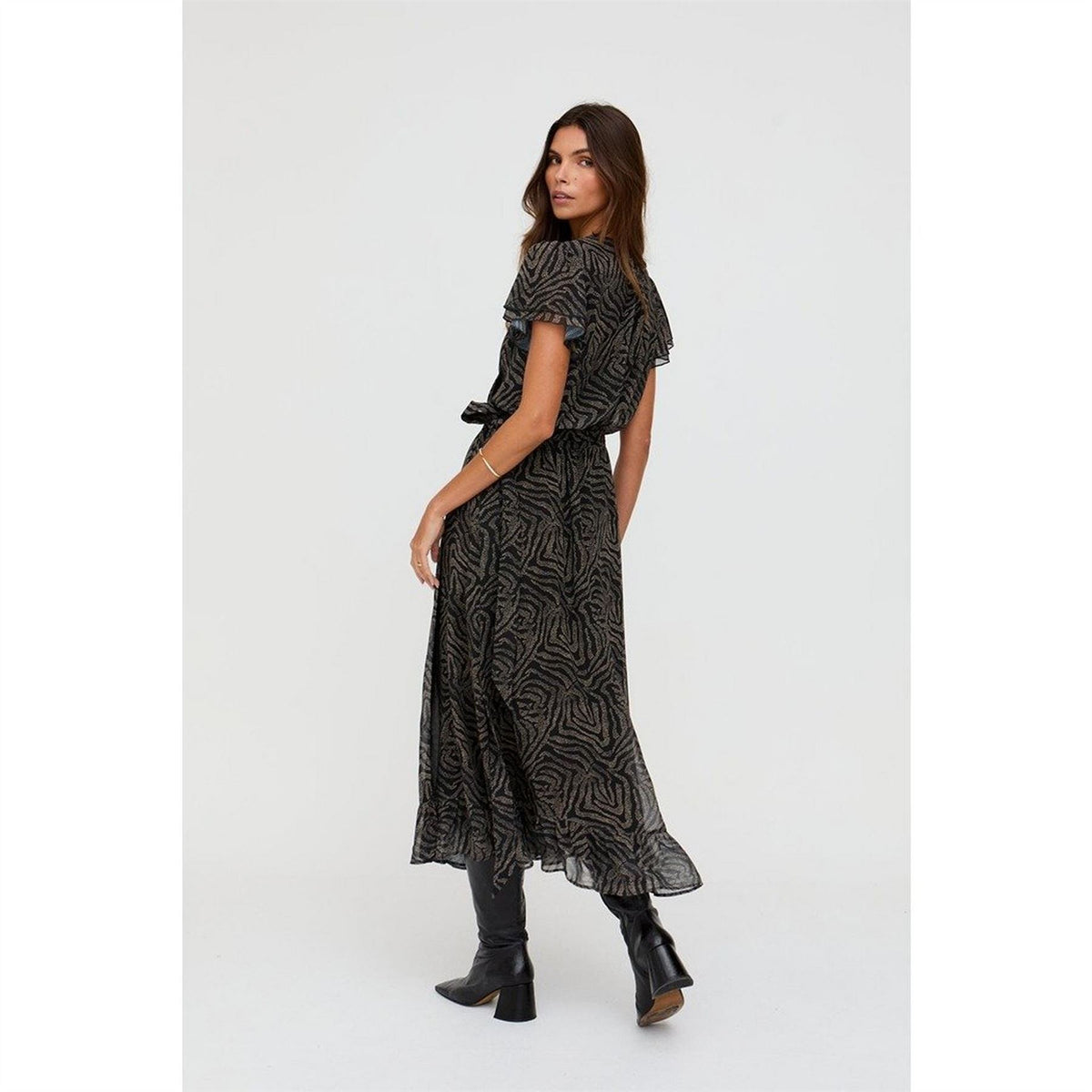 Lily and Lionel And Lionel Devina Ruffle Detail Zebra Print Maxi Dress In Black
