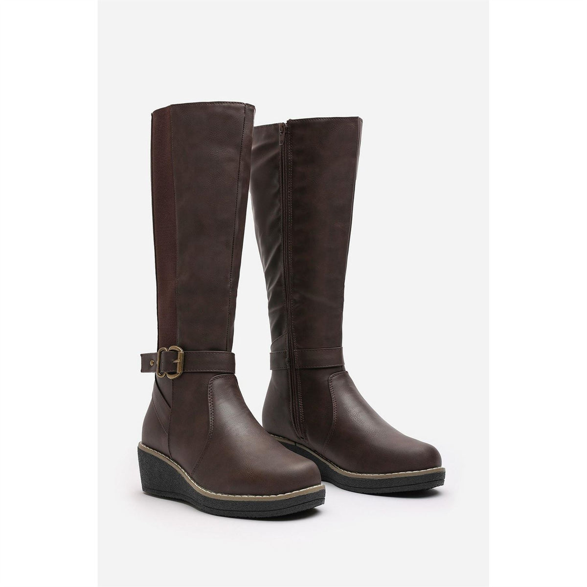 Wheres That From Knee High Wedge Boots With Strap And Buckle