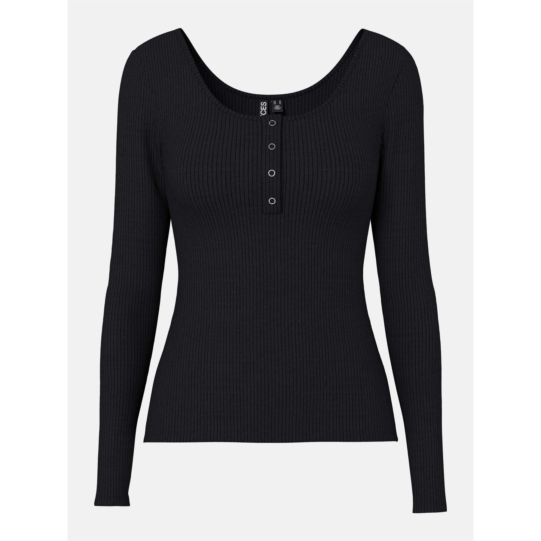 Pieces Scoop Neck Long Sleeve Slim Fit Blouse with Button Placket