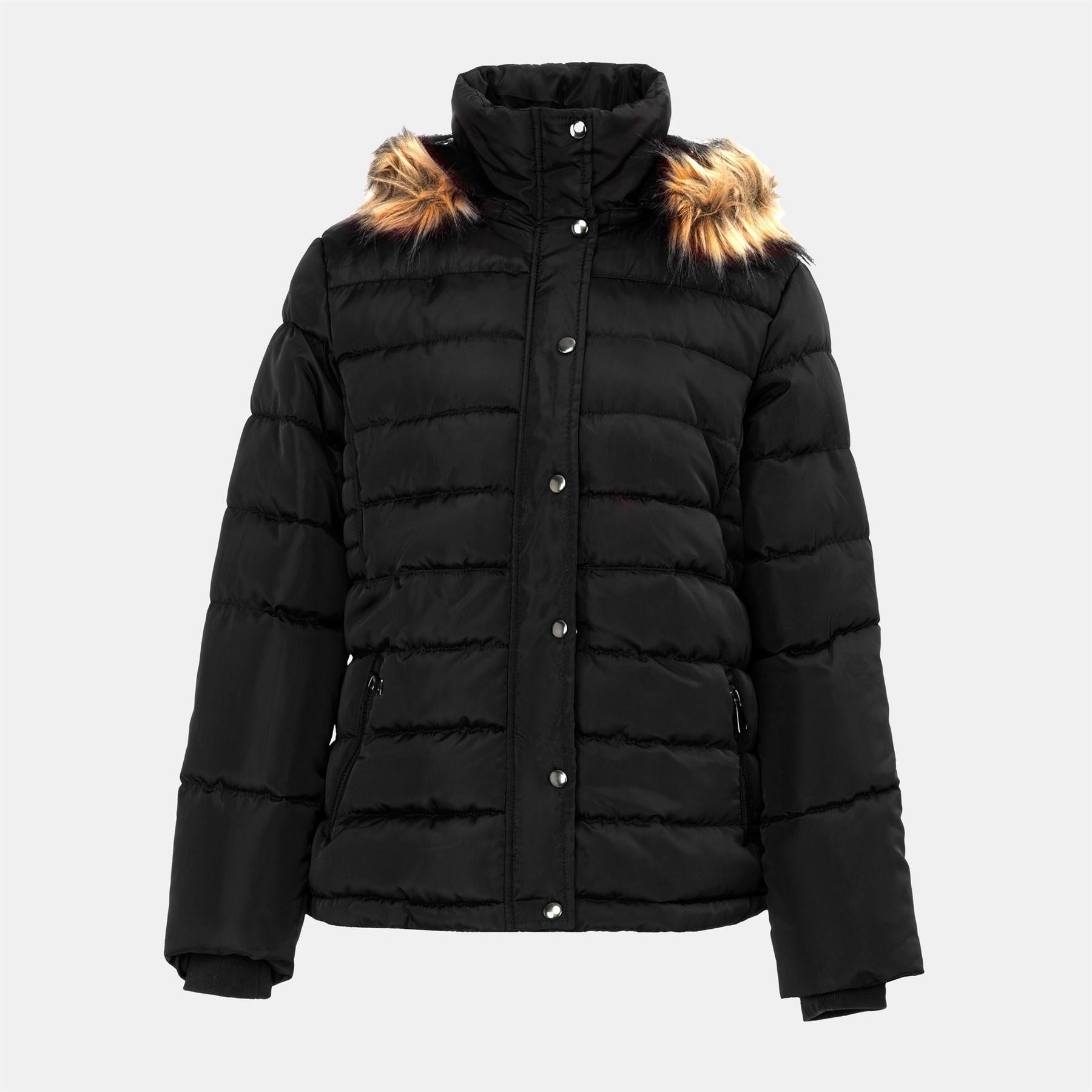 I Saw It First Solid Patterned Hooded Snap Button Fur Trim Ribbed Cuff Parka Jacket