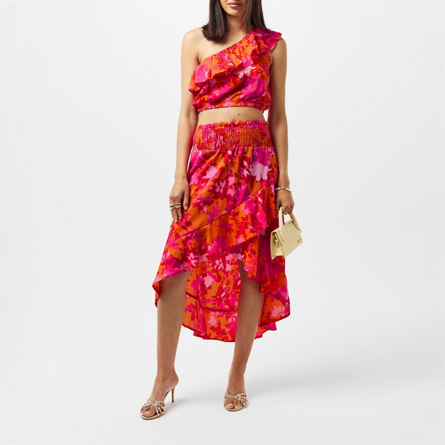 AX Paris And Orange Floral One Shoulder Frill Detail Top