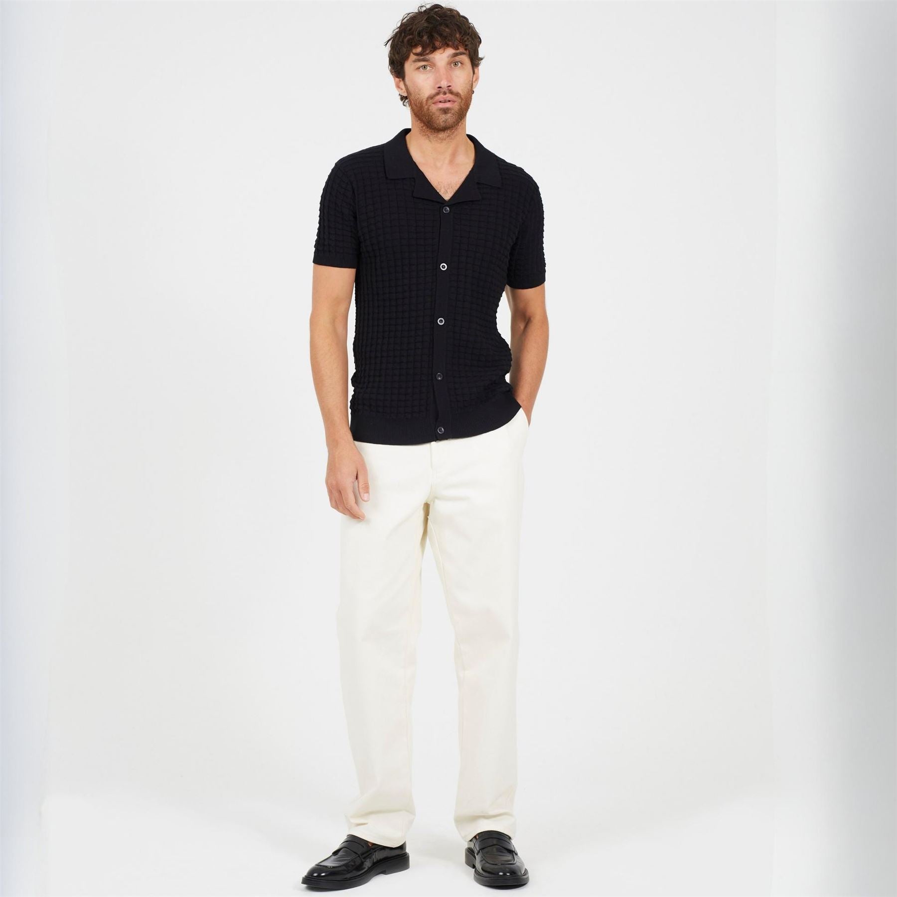 Brave Soul Mens Short Sleeve Revere Collar Jacquard KniT-Shirt