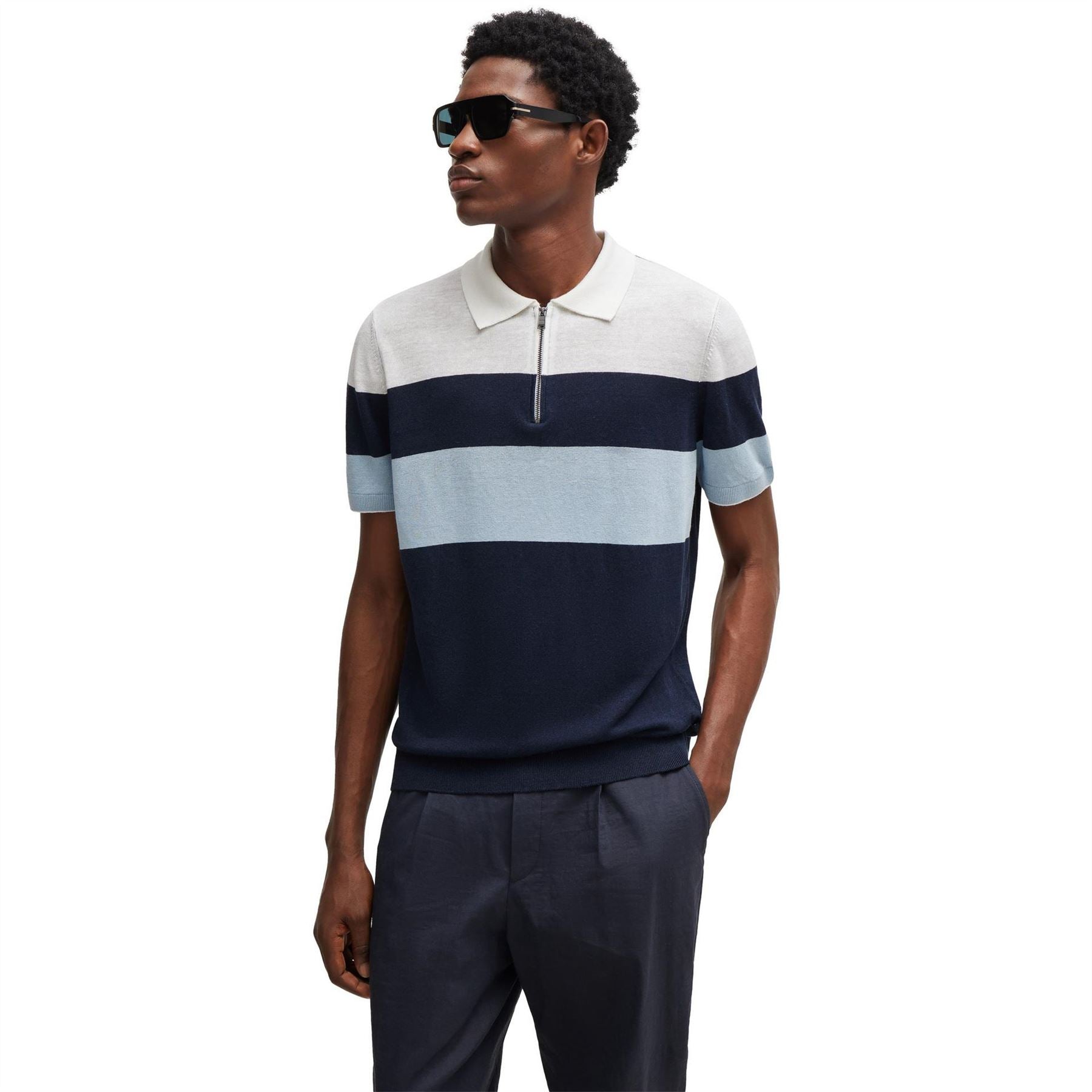 Boss Zip Neck Collared Short Sleeve Shirt