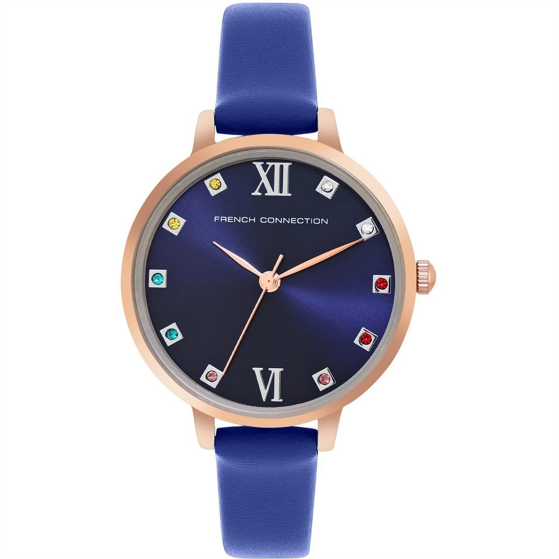 French Connection Connection Rose Case Round Shape Blue Strap Quartz Watch