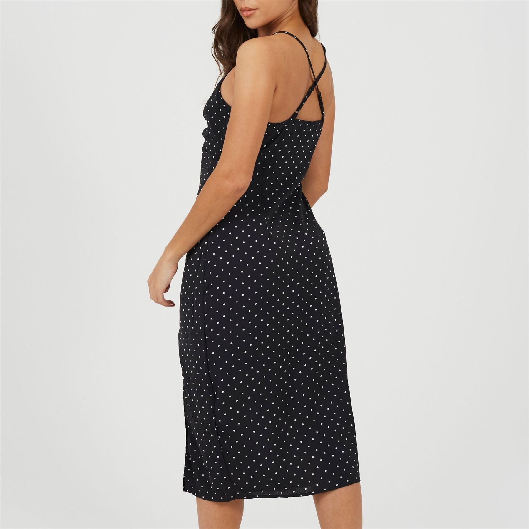 Brave Soul Polka Dot Midi Slip Dress with Slit Detail