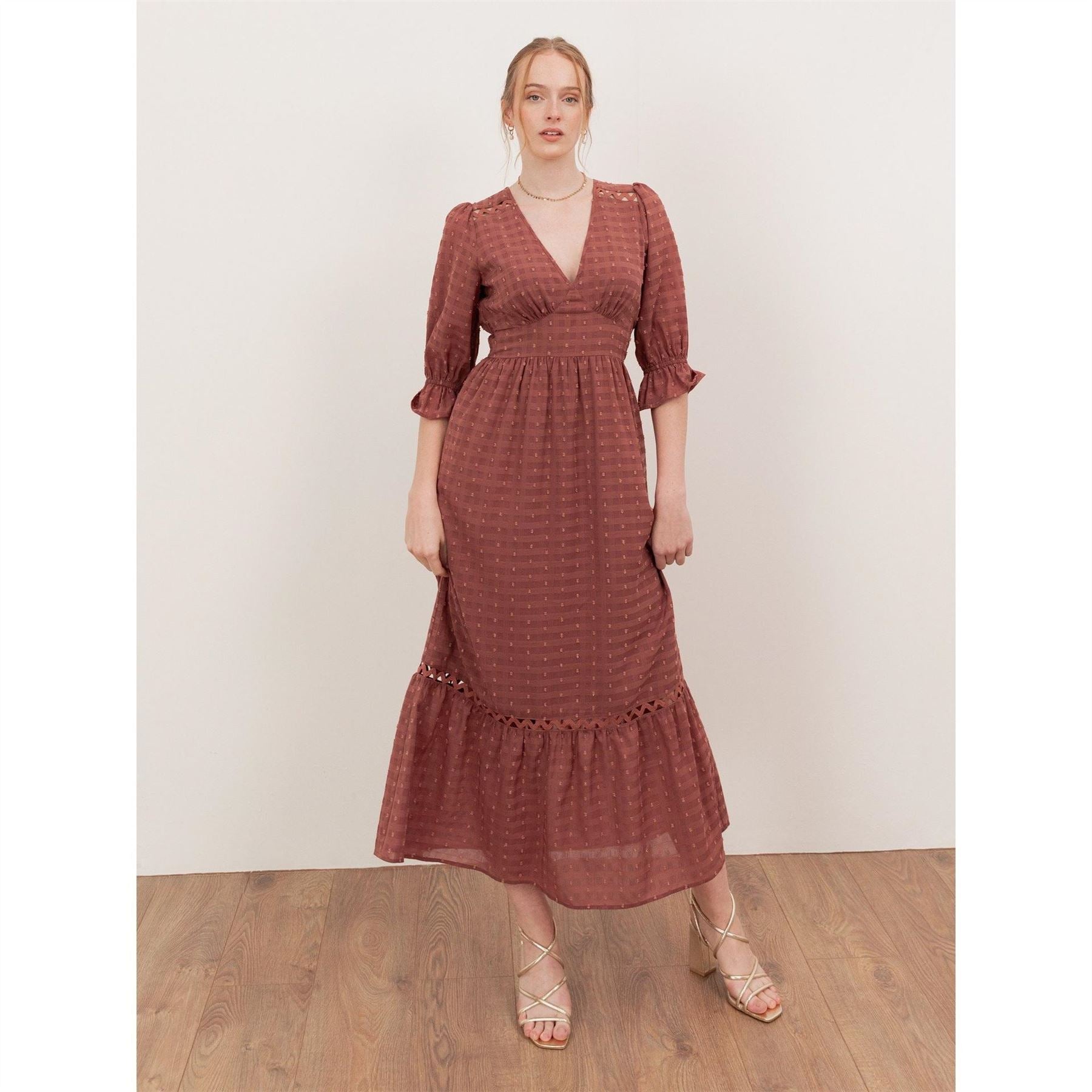 Lovedrobe Terracotta Pink Gingham V Neck Midaxi Dress