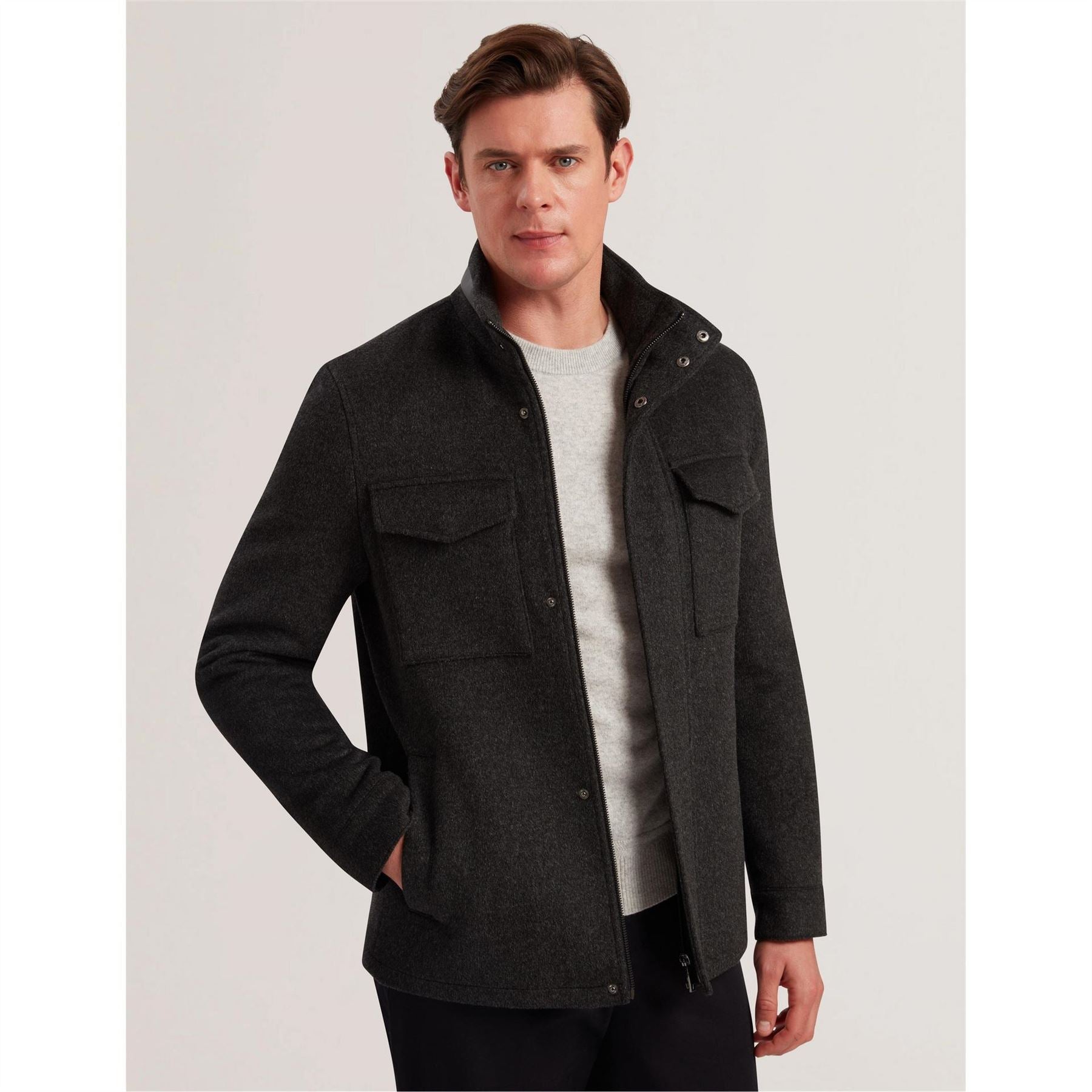 Ted Baker Solid Patterned Snap Button Flap Pocket Field Jacket