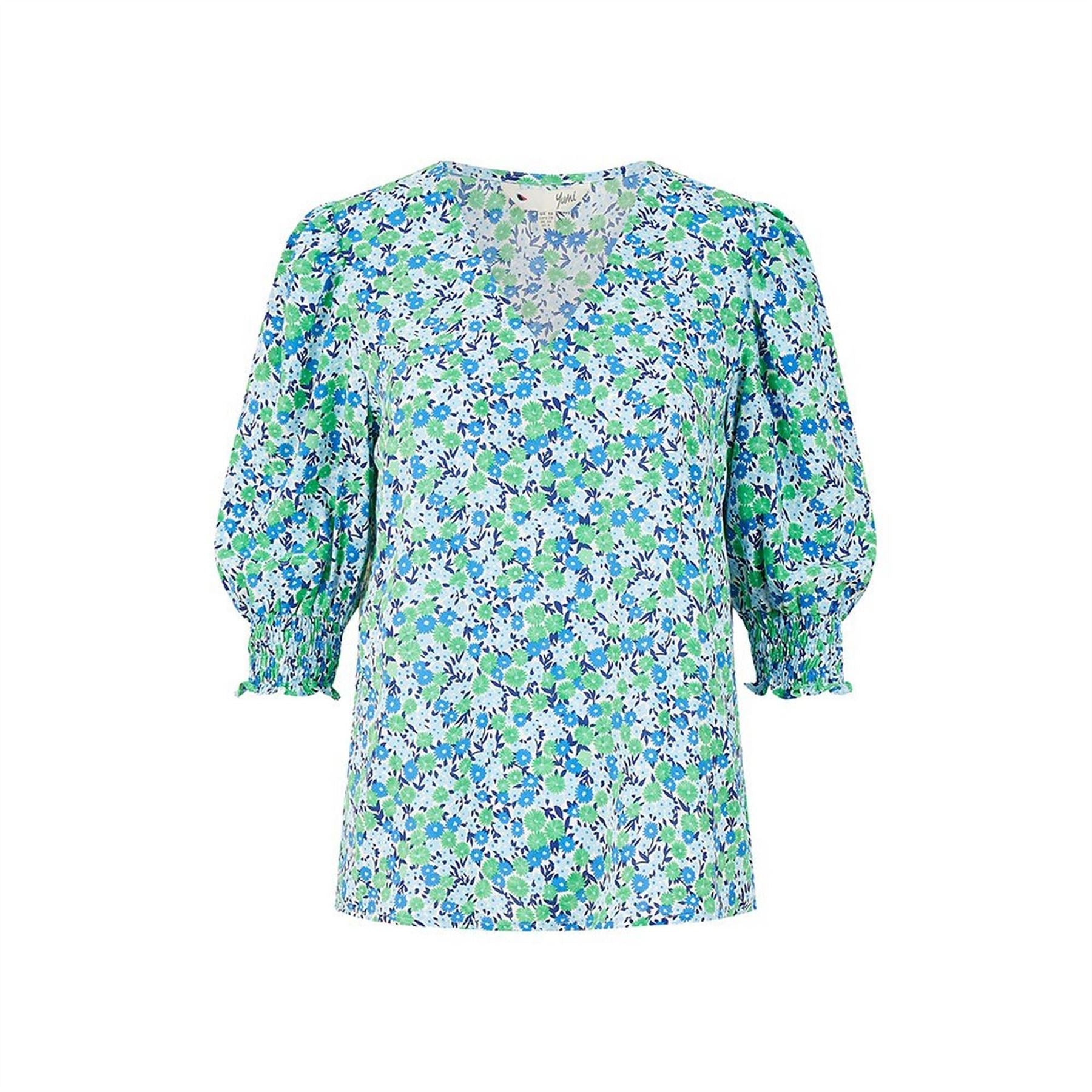 Yumi Green Ditsy Print Puff Sleeve Top